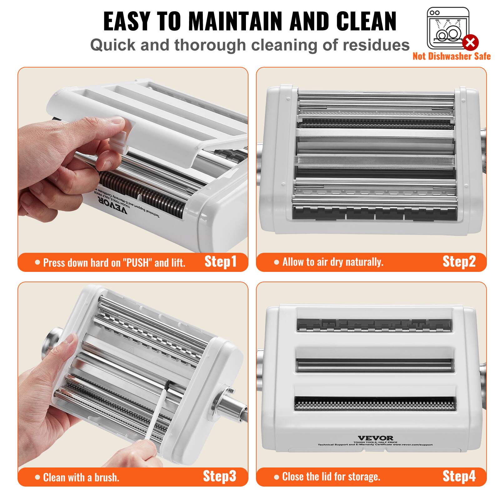 EASY TO MAINTAIN AND CLEAN  
Quick and thorough cleaning of residues  
Not Dishwasher Safe  

Step 1  
Press down hard on "PUSH" and lift.  

Step 2  
Allow to air dry naturally.  

Step 3  
Clean with a brush.  

Step 4  
Close the lid for storage.