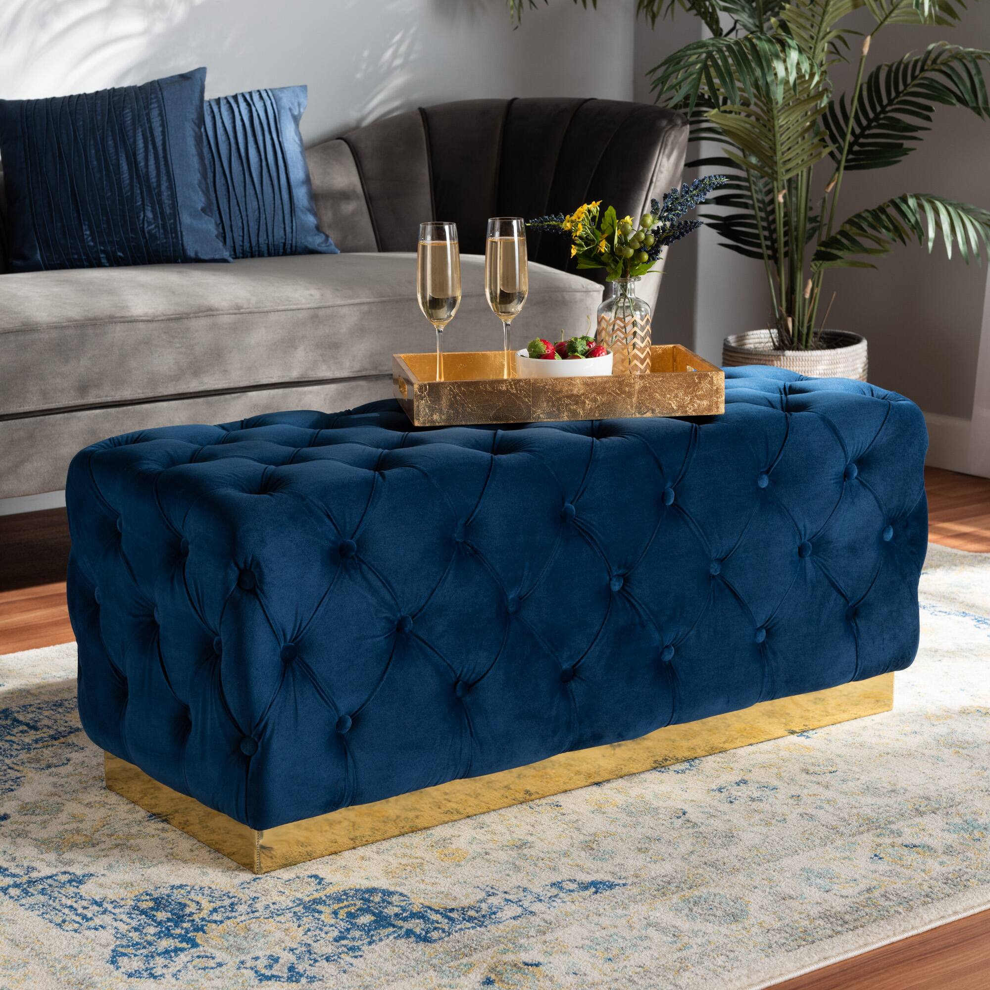 Alt View 1. Baxton Studio - Corrine Glam and Luxe Velvet Fabric Upholstered and Gold PU Leather Ottoman - Navy blue/gold.