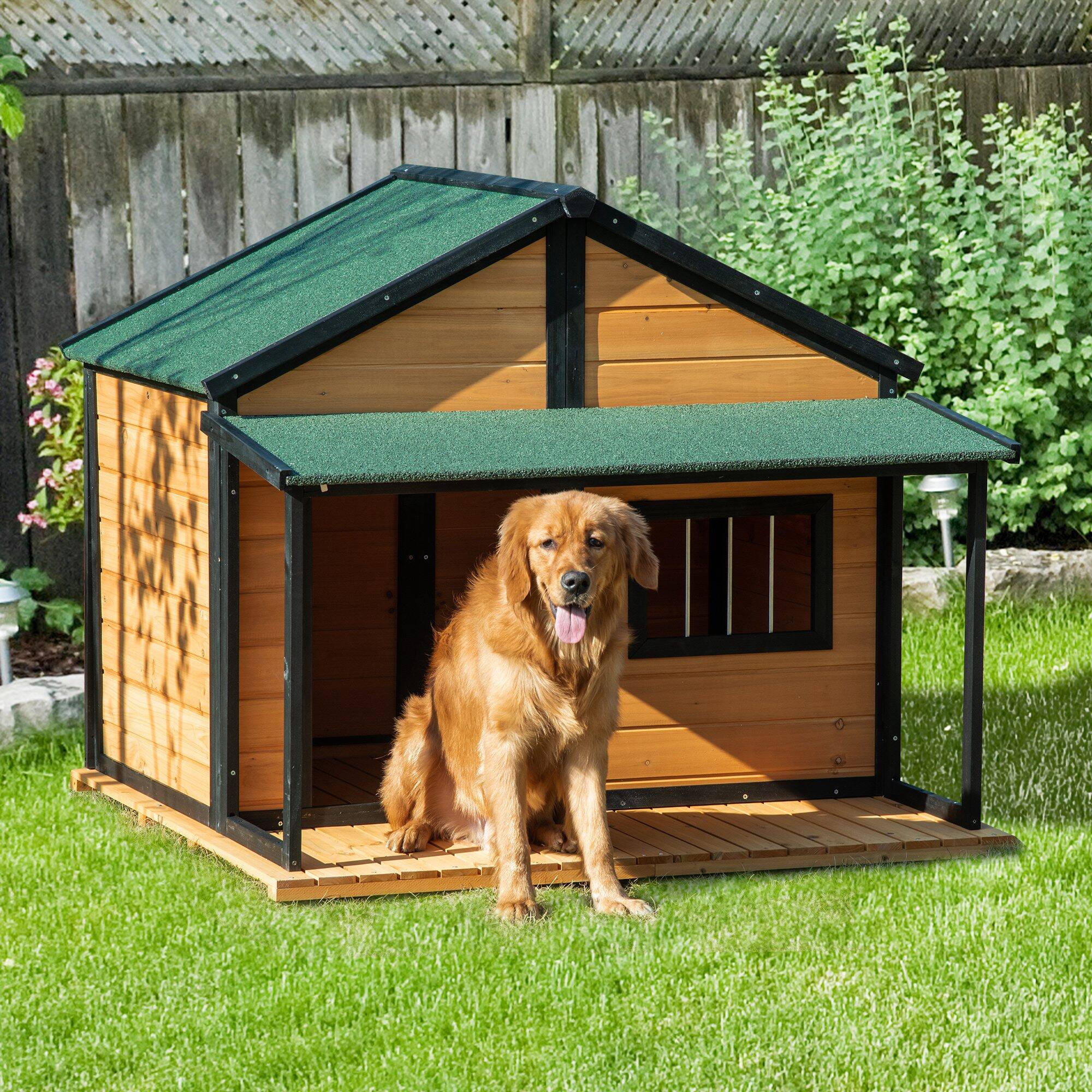 Angle. Pawhut - Outdoor Dog House Cabin Style, Wooden Raised Pet Kennel with Asphalt Roof, Front Door, Side Window, Porch.
