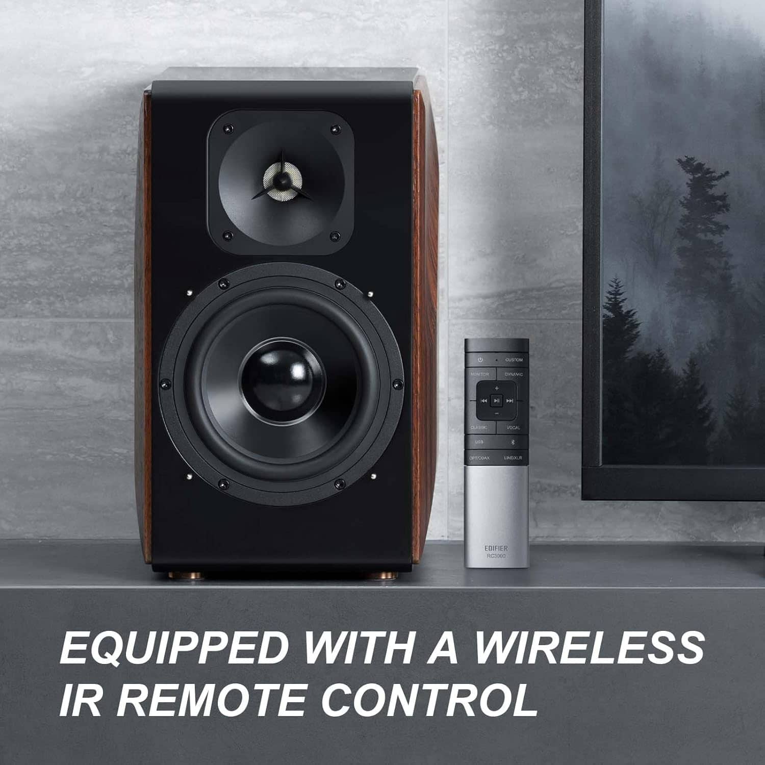 The image features a large speaker, likely a subwoofer, with a remote control sitting on top of it. The speaker is equipped with a wireless IR remote control, which allows for convenient and wireless control of the device.