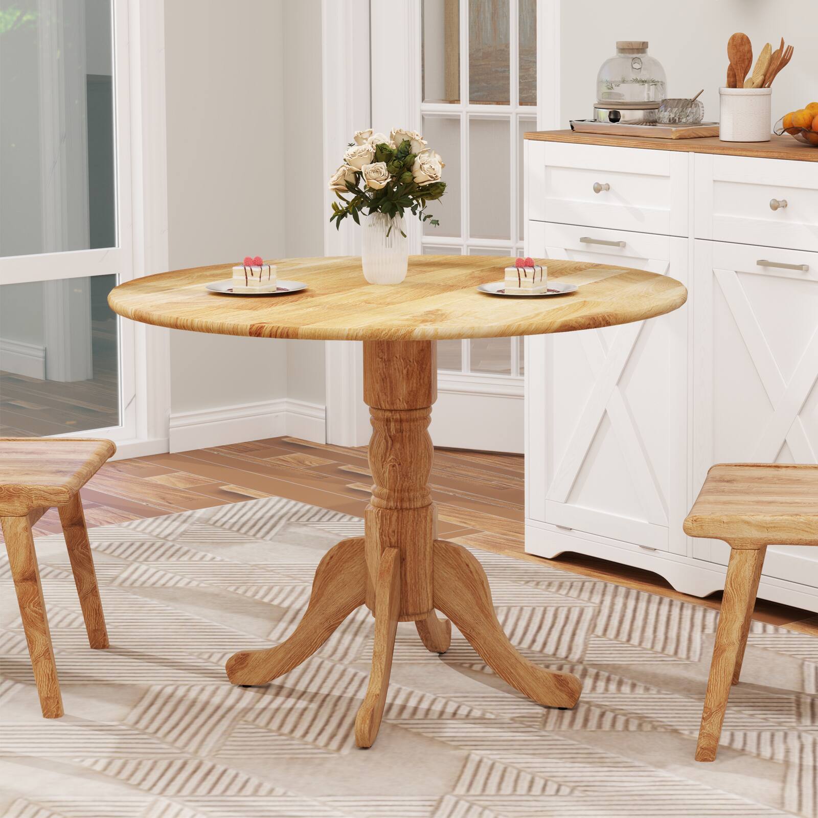 Angle. SlickBlue - Wood Dining Table with Round Tabletop and Stylish Trestle Legs - Natural.