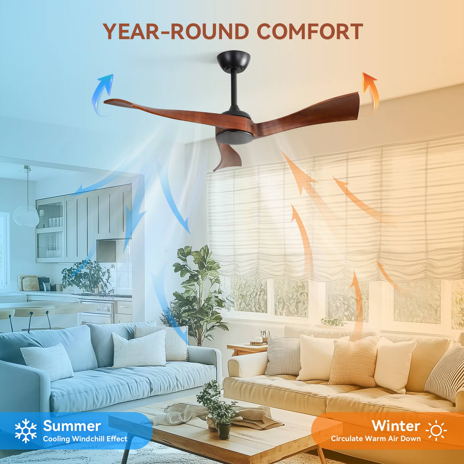 YEAR-ROUND COMFORT

Summer  
Cooling Windchill Effect

Winter  
Circulate Warm Air Down