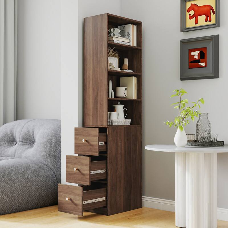 Alt View 1. HTUTWOO - Tall 4-Tier Bookshelf with 3 Drawers - Space Saving Easy Use Modern Wooden Bookcase for Living Room Home Office - Brown.