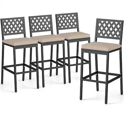 Front. Gymax - Gymax 4 PCS Outdoor Bar Stools 27’’ Counter Height Barstools w/ Removable Cushions - Black, Beige.