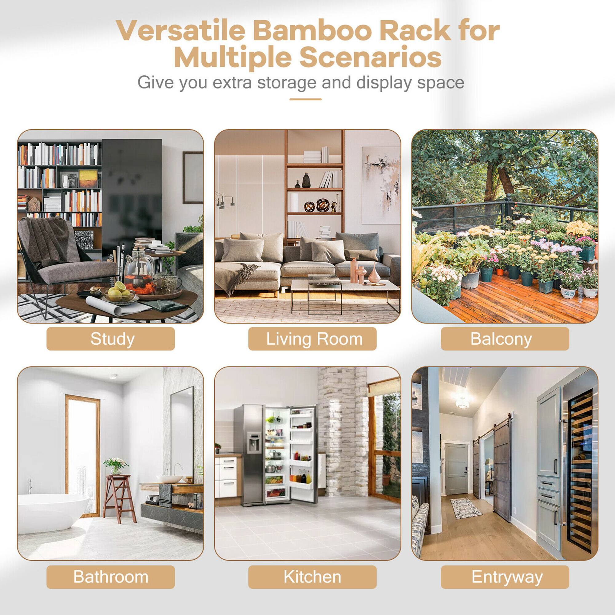 Versatile Bamboo Rack for Multiple Scenarios  
Give you extra storage and display space  

- Study  
- Living Room  
- Balcony  
- Bathroom  
- Kitchen  
- Entryway
