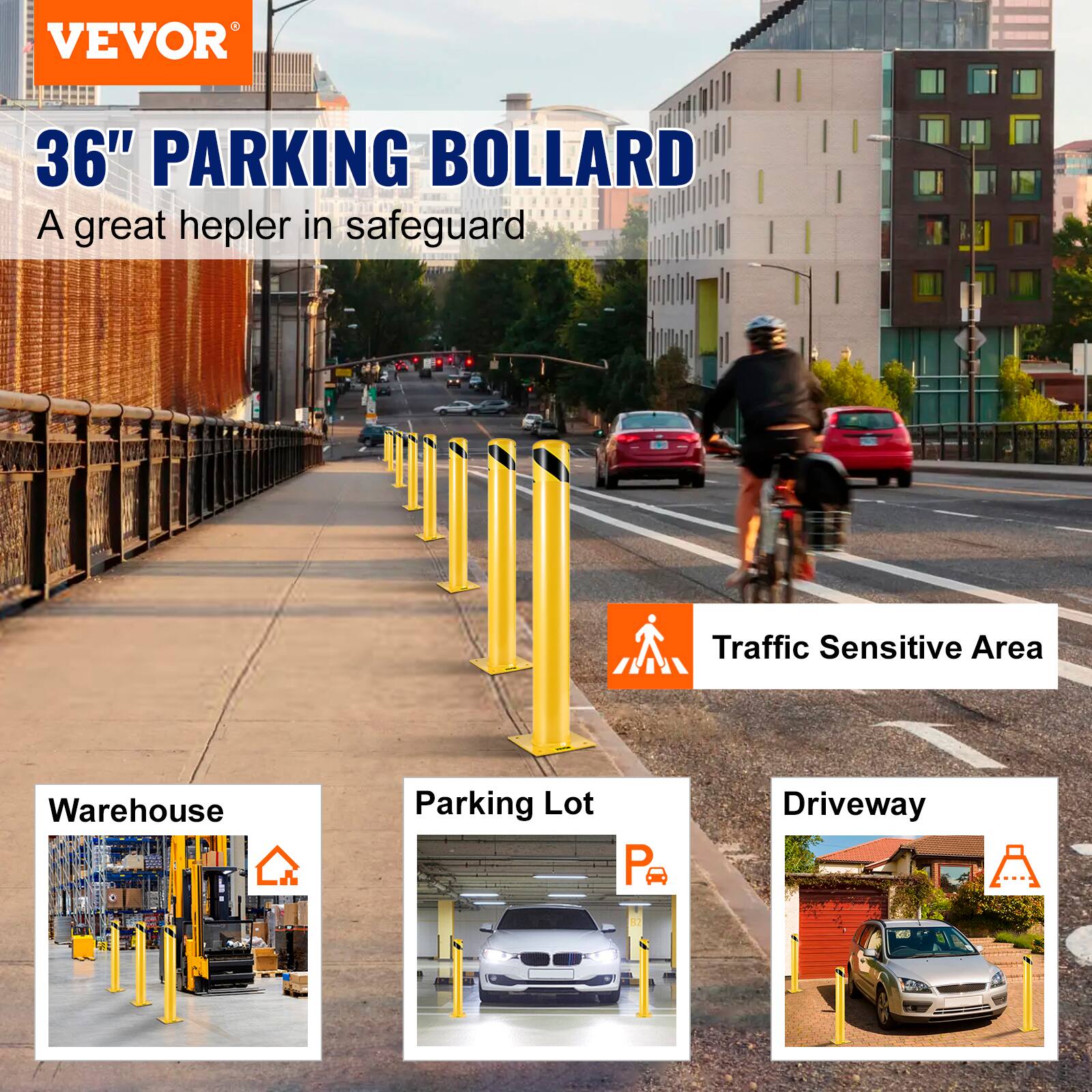 VEVOR 36" PARKING BOLLARD  
A great helper in safeguarding Traffic Sensitive Area, Warehouse, Parking Lot, and Driveway.