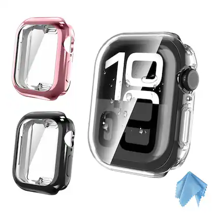 Front. Kitcheniva - Soft TPU Bumper Screen Protector Case for Apple Watch Series 10 42mm Pack Of 3 - Black/Clear/Rose Pink.