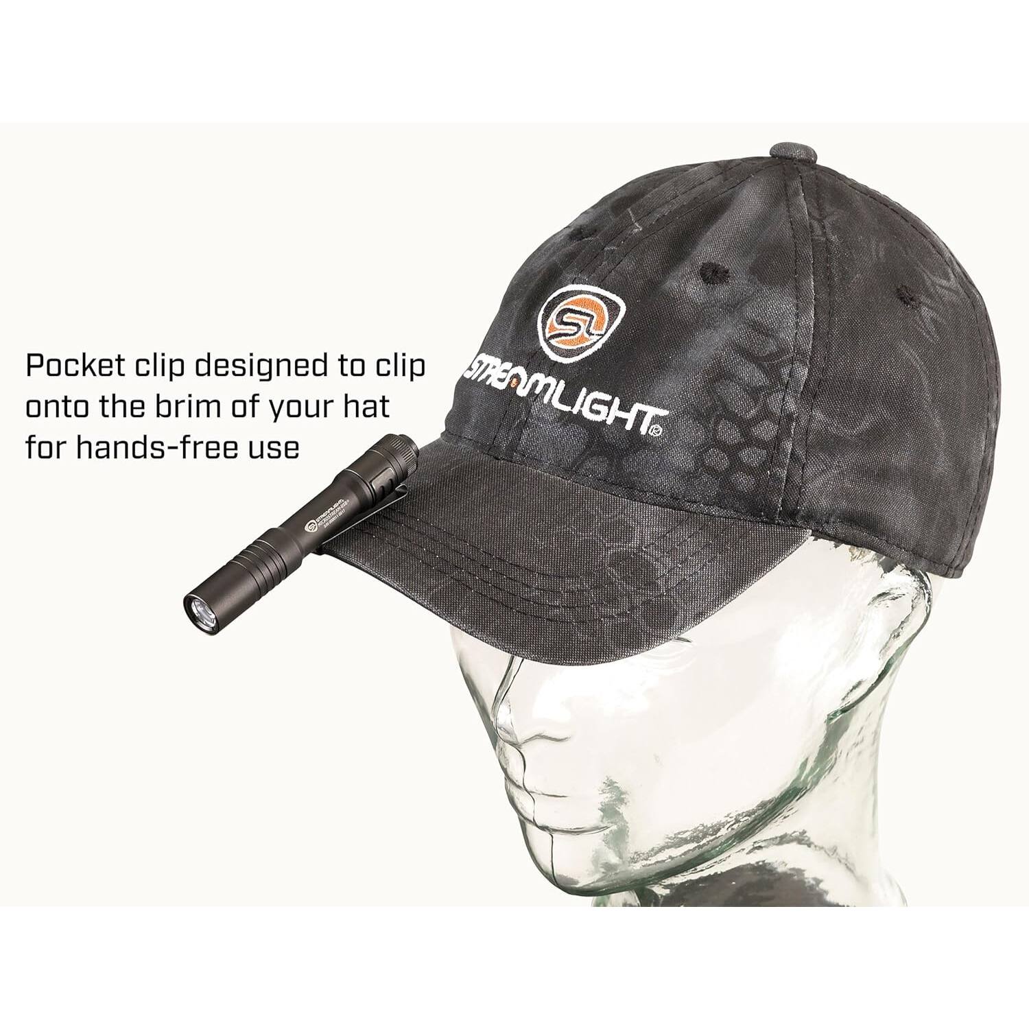 Pocket clip designed to clip onto the brim of your hat for hands-free use