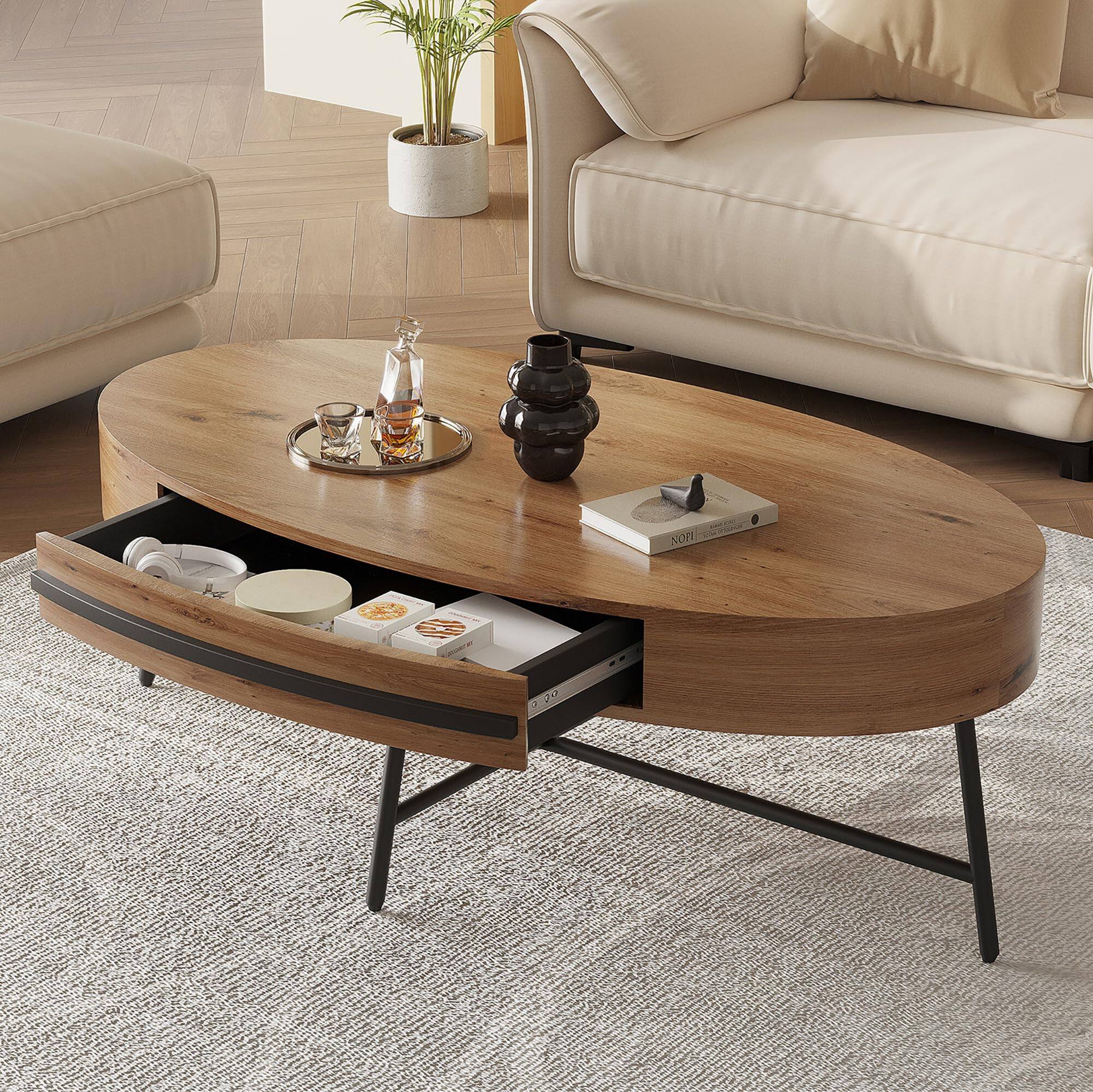 Front. Jojoka - 47.2" Oval Coffee Table with Drawer, Mid-Century Center Table with Storage and Cross Metal Legs - Natural.