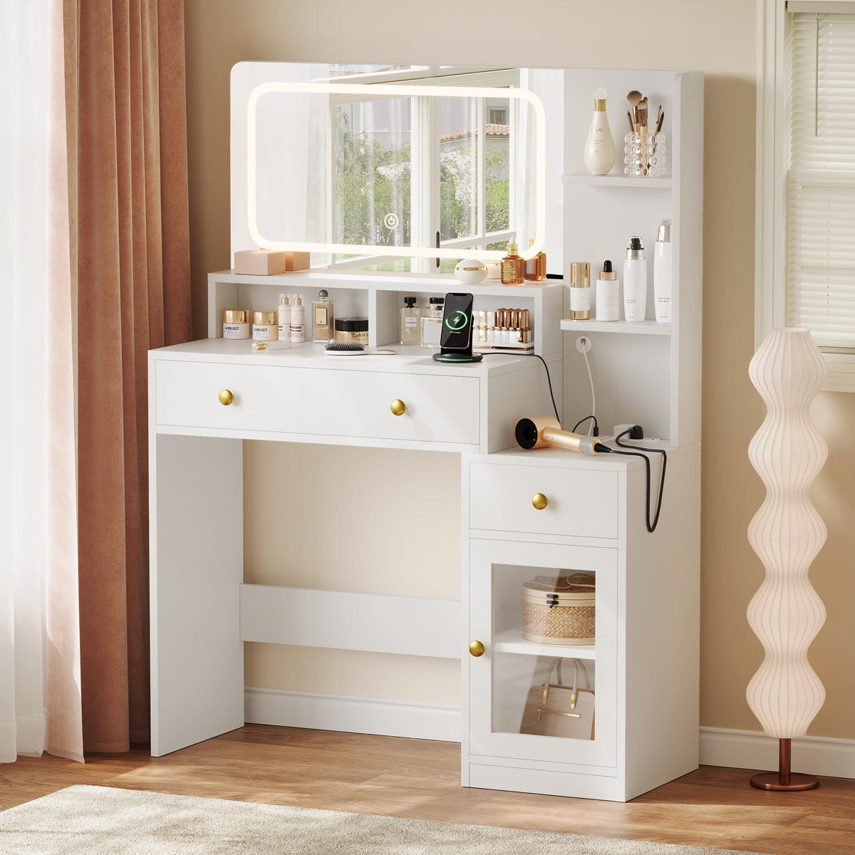 Furnulem - 35 In Vanity Desk with Mirror and Lights Makeup Vanity with Drawers - White