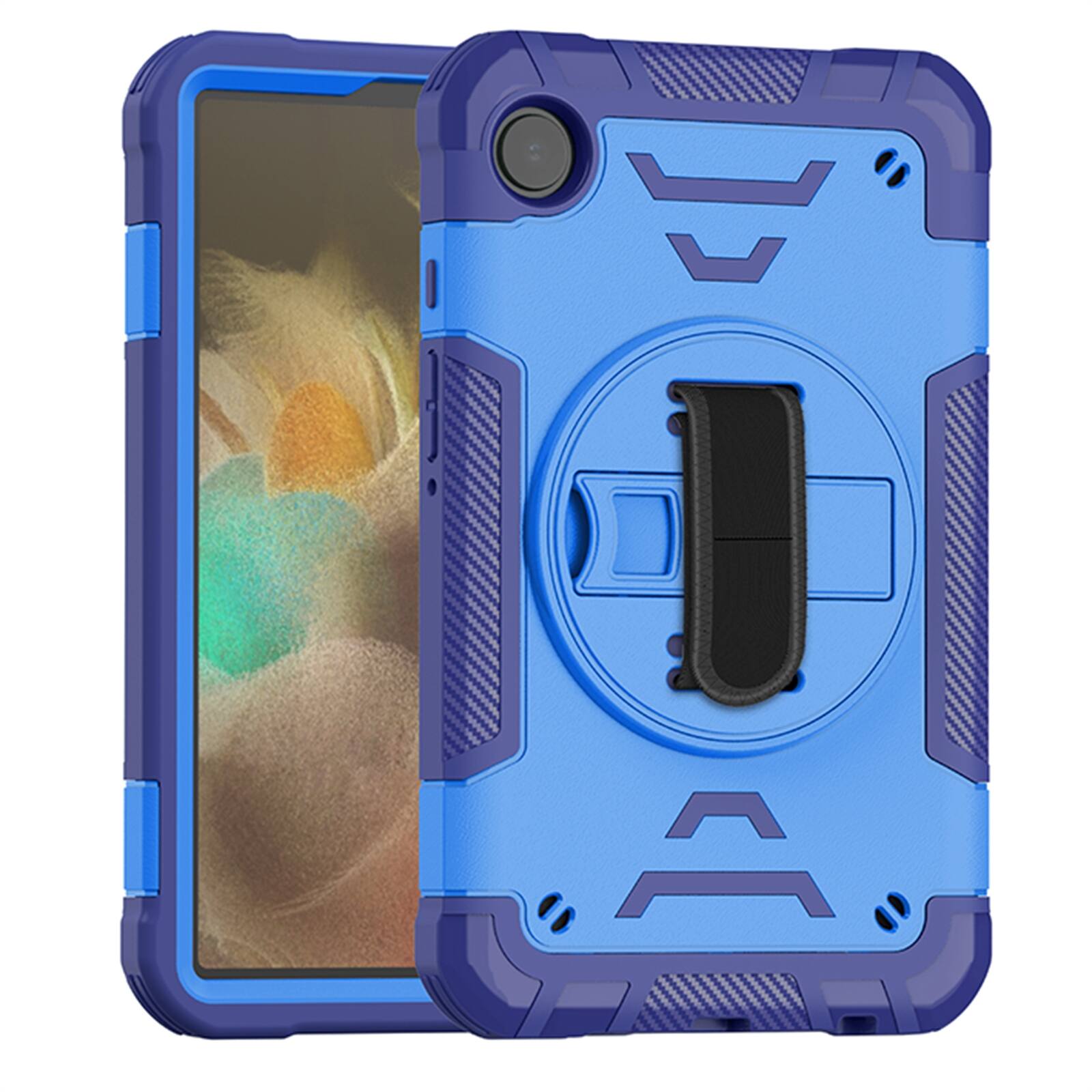 Angle. Dteck - Shockproof Case for Samsung Galaxy Tab A9 with Shoulder Hand Strap, Kid Friendly Rugged Cover with 360 Rotating Stand - Blue.