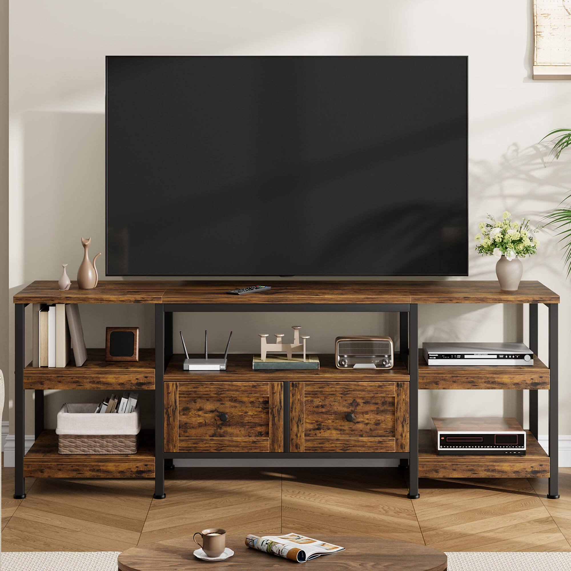 Front. GAOMON - GAOMON 63" TV Stand for 65" TVs, Industrial Entertainment Center with 2 Drawers, Open Shelves & Metal Frame - Brown.