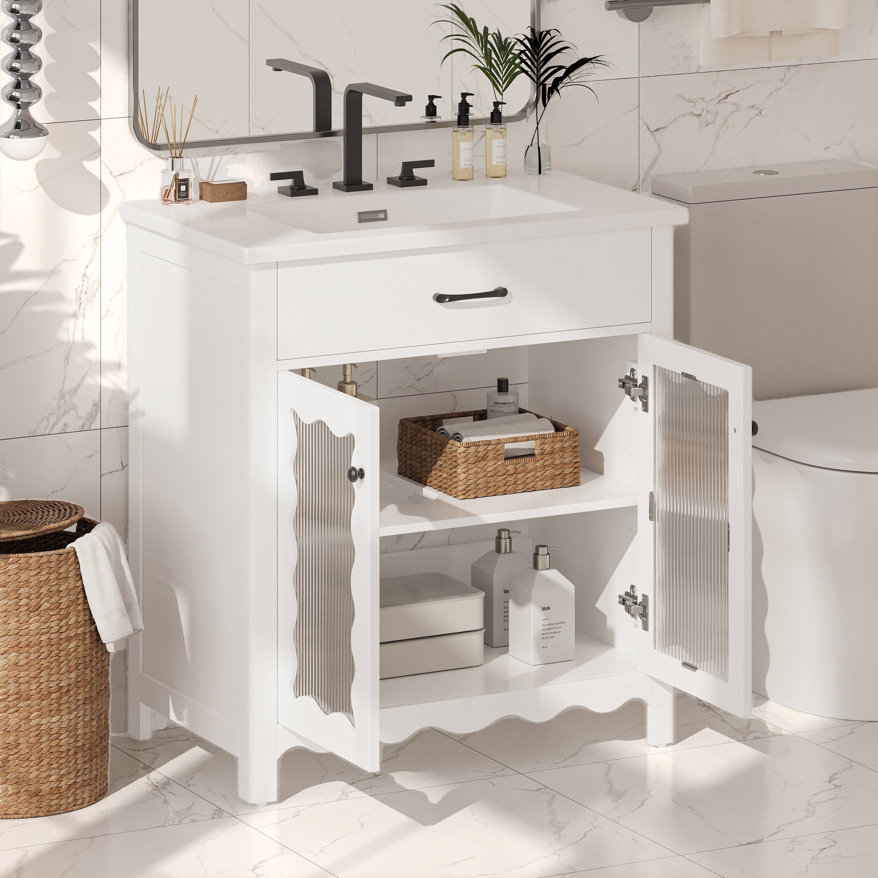 Back. Loheer - 2.58 ft Bathroom Vanity with Sink, Tempered Glass Doors, Soft Close Cabinet, Ceramic Sink - White.