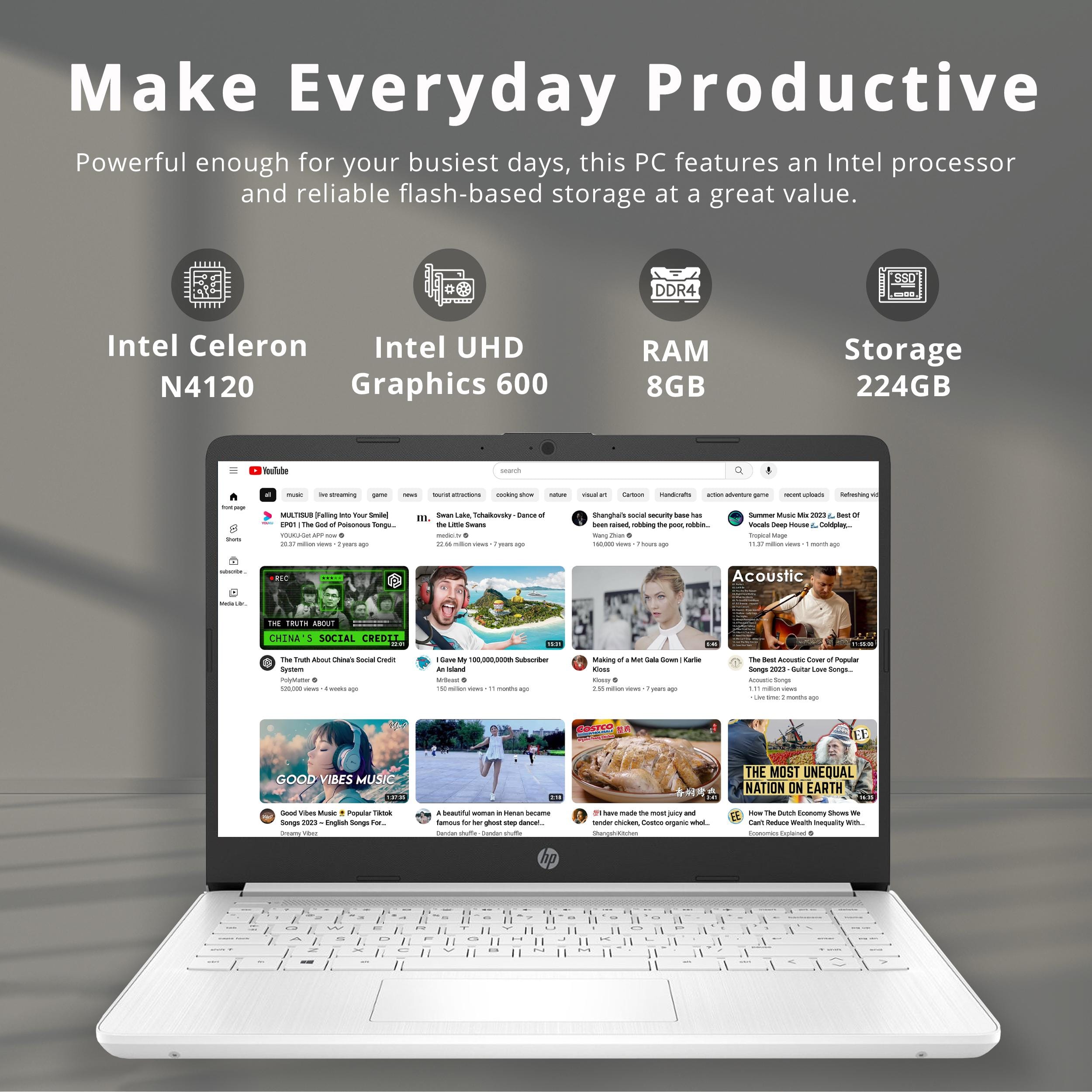 Make Everyday Productive
Powerful enough for your busiest days, this PC features an Intel processor and reliable flash-based storage at a great value.
- Intel Celeron N4120
- Intel UHD Graphics 600
- RAM 8GB
- Storage 224GB
- DDR4
- SSD
- YouTube
- THE TRUTH ABOUT CHINA'S SOCIAL CREDIT SYSTEM
- GOOD VIBES MUSIC
- A beautiful woman in Heian became famous for her street dance.
- Acoustic
- THE MOST UNEQUAL NATION ON EARTH