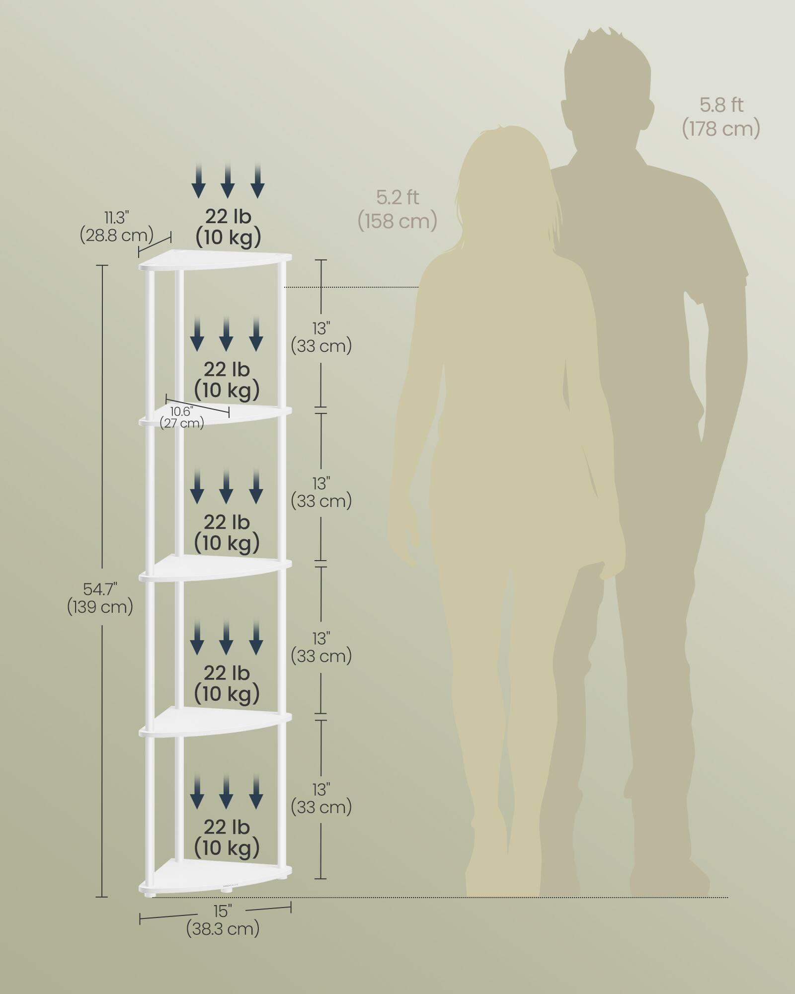 5.8 ft (178 cm)  
11.3" (28.8 cm)  
22 lb (10 kg)  

5.2 ft (158 cm)  
10.6" (27 cm)  
13" (33 cm)  
22 lb (10 kg)  

54.7" (139 cm)  
13" (33 cm)  
22 lb (10 kg)  

15" (38.3 cm)