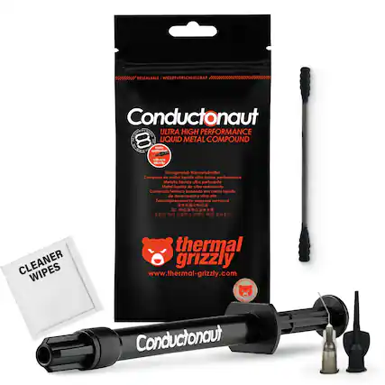 **Conductonaut**
ULTRA HIGH PERFORMANCE LIQUID METAL COMPOUND
**RESEALABLE / WIEDERVERSCHLIESSBAR**
**Thermal Grizzly**
www.thermal-grizzly.com
**CLEANER WIPES**
**Composition:**
- Compose de métal liquide ultra haute performance
- Flüssigmetall-Wärmeleitmittel
- Metallo liquido ultra perforante
- Composto termico basato em metal liquido de desempenho ultra
- Metallo liquido de ultra redimiento
- Ultra alta performance
- Ultra-haute performance
- Ultra alta performance
- Ultra-haute performance
- Ultra alta performance
- Ultra alta performance
**Features:**
- New improved formula
- Optimized for new generation CPUs
- Optimized for new generation CPUs
**Thermal Grizzly**
www.thermal-grizzly.com