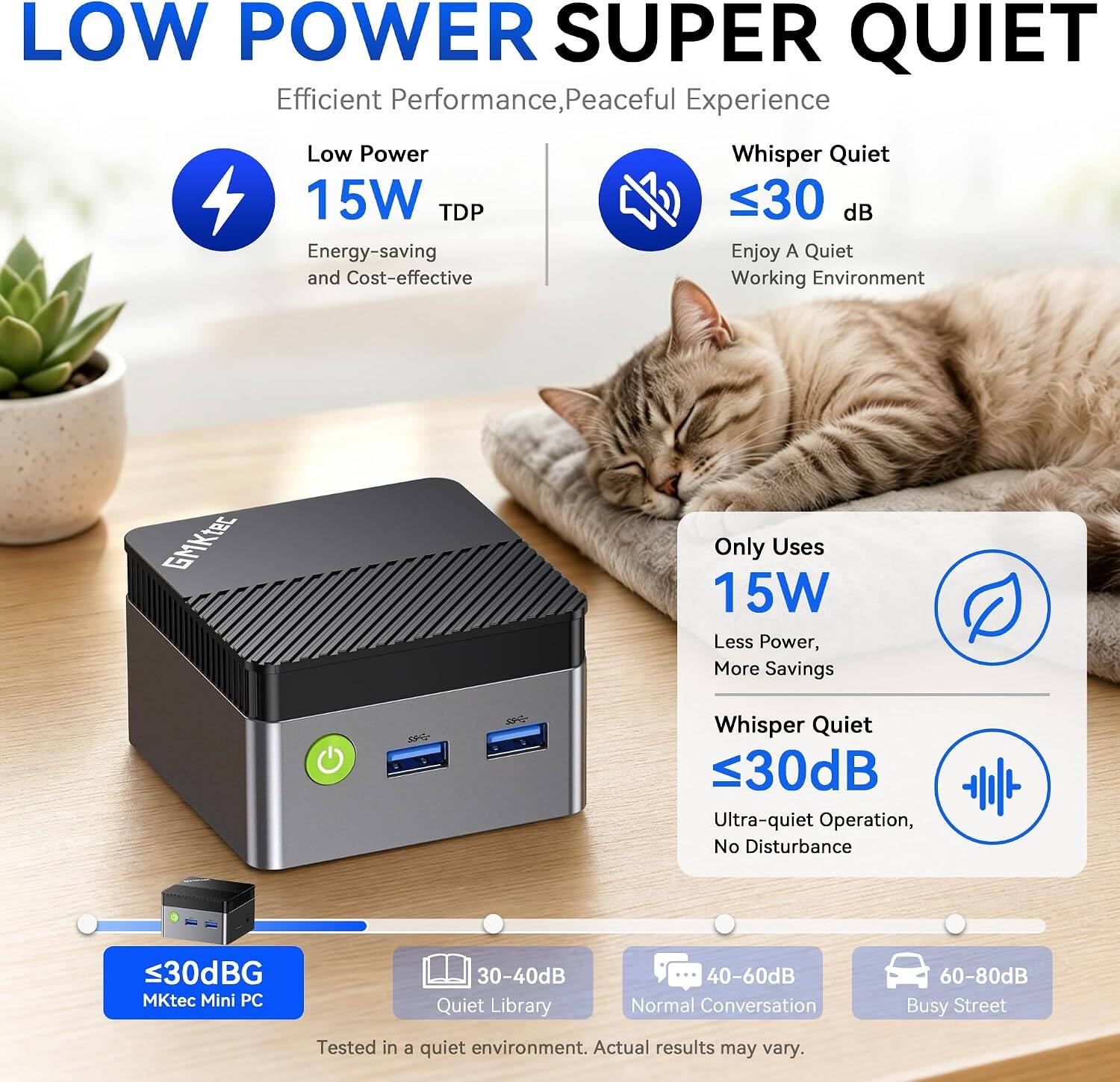 LOW POWER SUPER QUIET  
Efficient Performance, Peaceful Experience  
Low Power Whisper Quiet  
15W TDP  
30 dB  
Energy-saving  
Enjoy A Quiet and Cost-effective Working Environment  

GMKtec  
Only Uses 15W  
Less Power, More Savings  
Whisper Quiet  
≤30 dB  
Ultra-quiet Operation, No Disturbance  

30dBG MKtec Mini PC  
Tested in a quiet environment. Actual results may vary.  
30-40dB Quiet Library  
40-60dB Normal Conversation  
60-80dB Busy Street