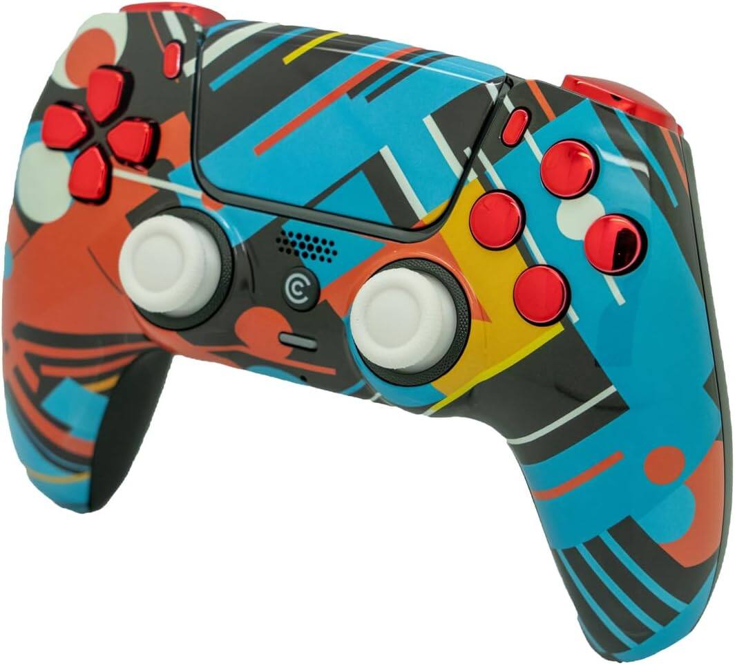 Angle. Custom Controllerzz - Custom Wireless Controller for PS5 - Retro Abstract & Red Chrome Inserts.