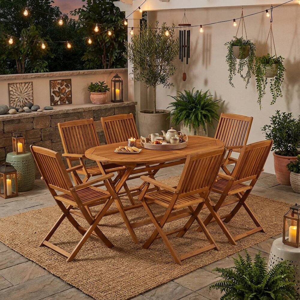Alt View 3. Outdoor Escape - Oil-Finished Wooden Patio Dining Table and 6 Patio Chairs - Brown.