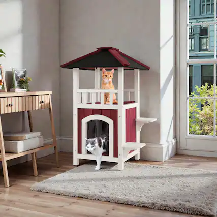 Front. BreeBe - 2-Tier Outdoor Cat Cottage with Asphalt Roofing, Balcony Area, and Rain Curtain.