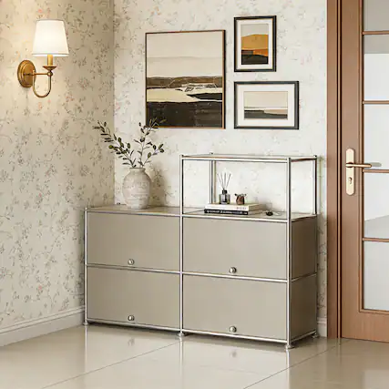 Front. Malletson - Storage Cabinet with Double Drawers and Metal Frame, Multi-Purpose Home Organizer for Entryway, Living Room or Bedroom - Grey.
