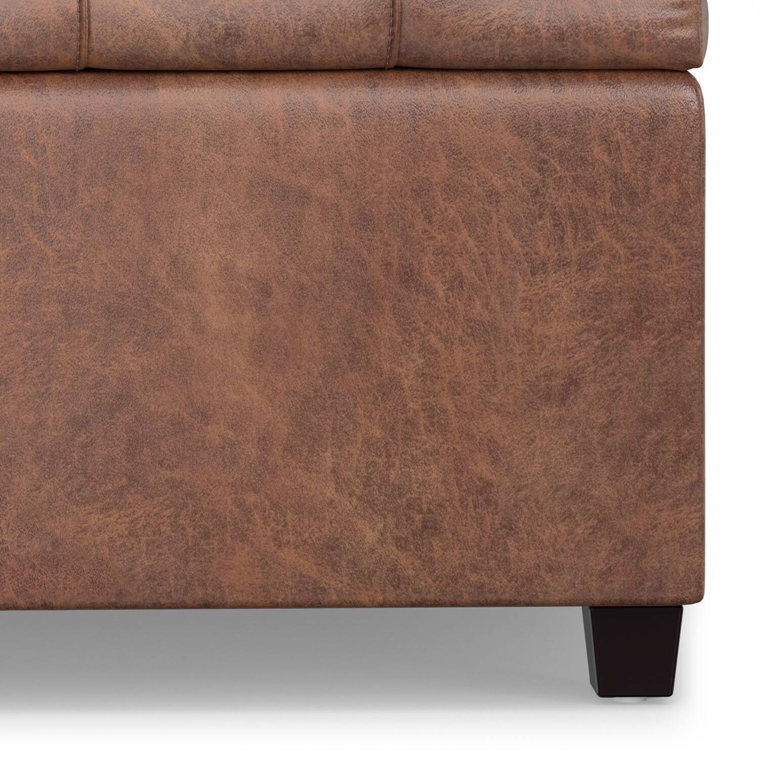 Alt View 4. Simpli Home - Sienna 33 inch Wide Storage Ottoman Bench in Distressed Saddle Brown Vegan Leather - Distressed Saddle Brown.