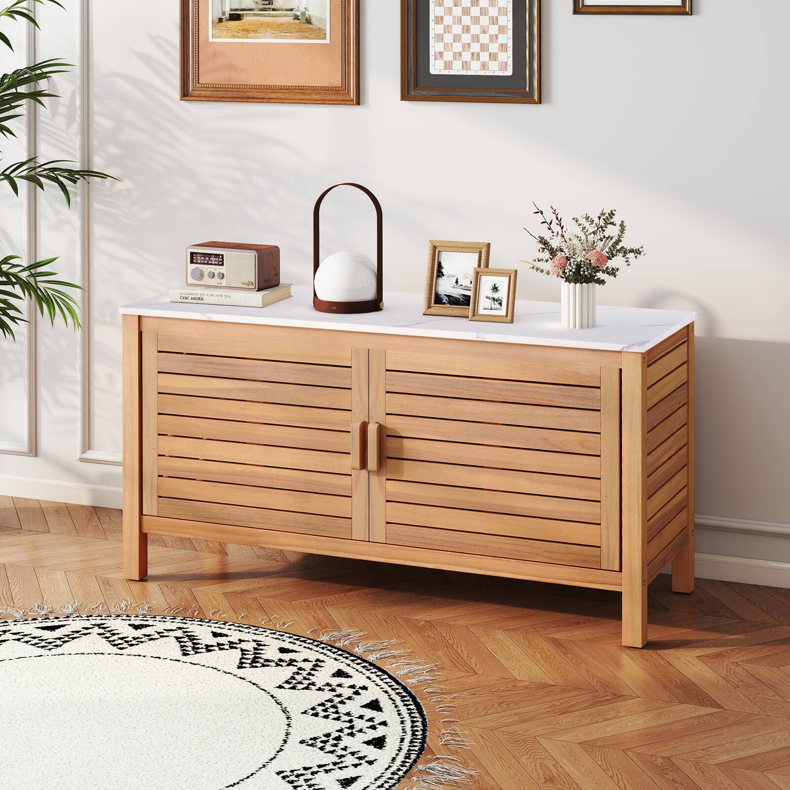 Alt View 1. Gymax - Gymax 2-Door Patio Storage Cabinet w/ Faux Marble Top Wooden Sideboard for Deck - Natural, White.