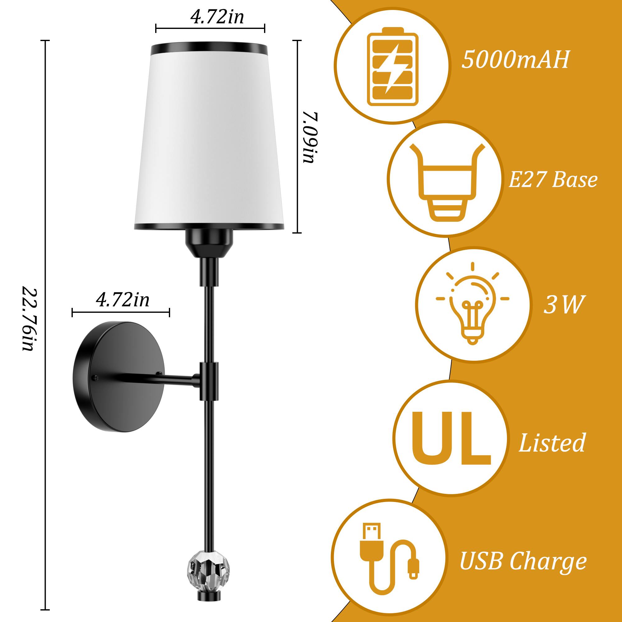 4.72in  
5000mAH  
7.09in  
E27 Base  
22.76in  
4.72in  
3W  
UL Listed  
USB Charge