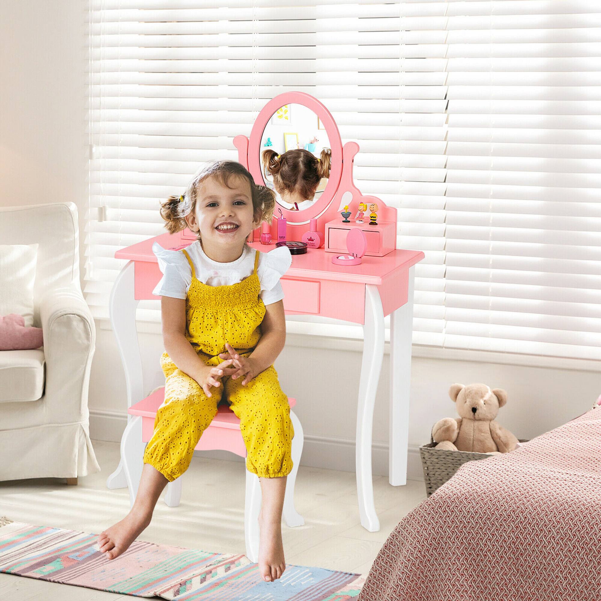 Alt View 1. Costway - Costway Kids Vanity Princess Makeup Dressing Table Stool Set W/ Mirror Drawer - Pink.