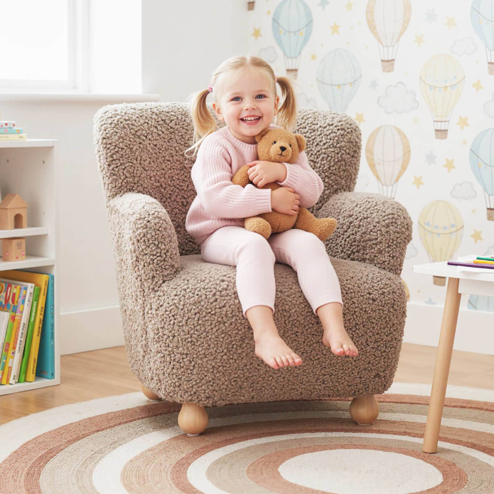 Alt View 3. Costway - Costway Sherpa Kids Sofa with Solid Rubber Wood Legs for Boys & Girls Aged 3+ for Bedroom - Brown.