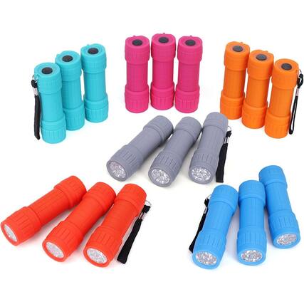 Front. ACJPR - 18-Pack 9-LED Mini Flashlights with Pre-Installed AAA Batteries, Ideal for Classroom, Camping, or Party Favors.