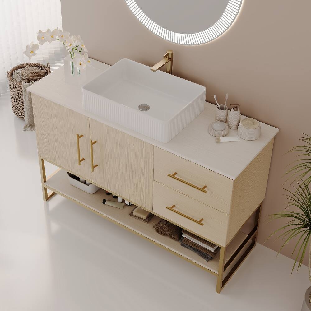 Alt View 2. Loheer - Loheer 47.2 inch modern bathroom vanity Ceramic Vessel Sink Gold Accent - American White Oak, Gold, White.