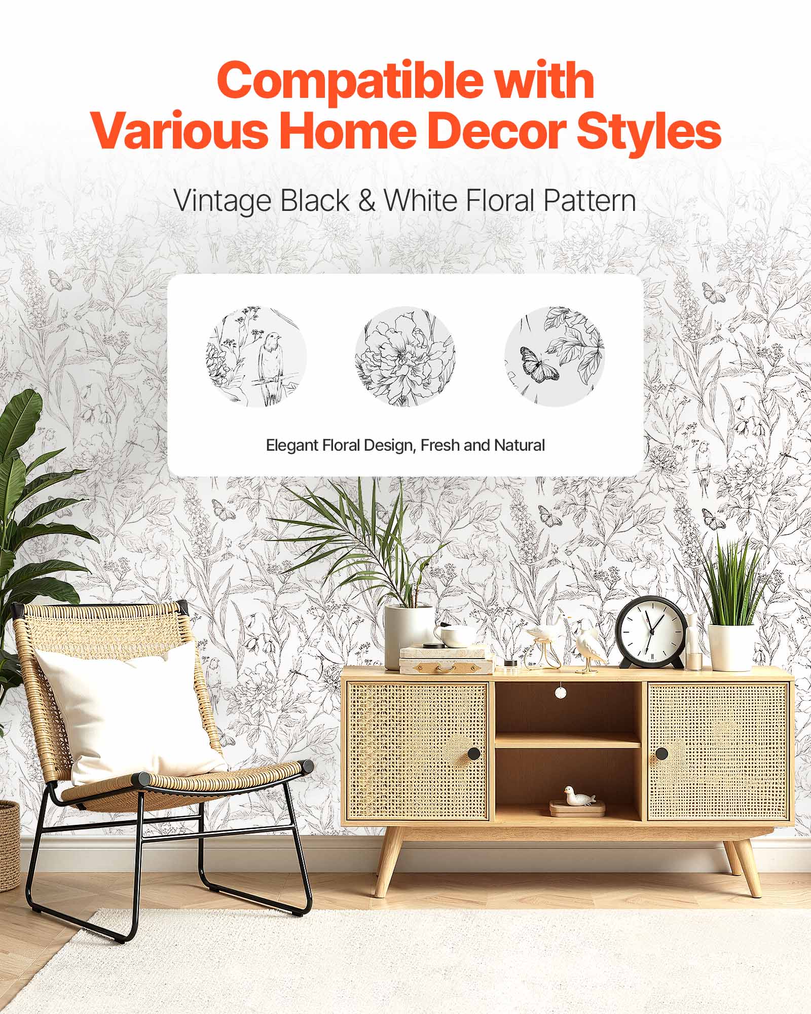 Compatible with Various Home Decor Styles

Vintage Black & White Floral Pattern

Elegant Floral Design, Fresh and Natural