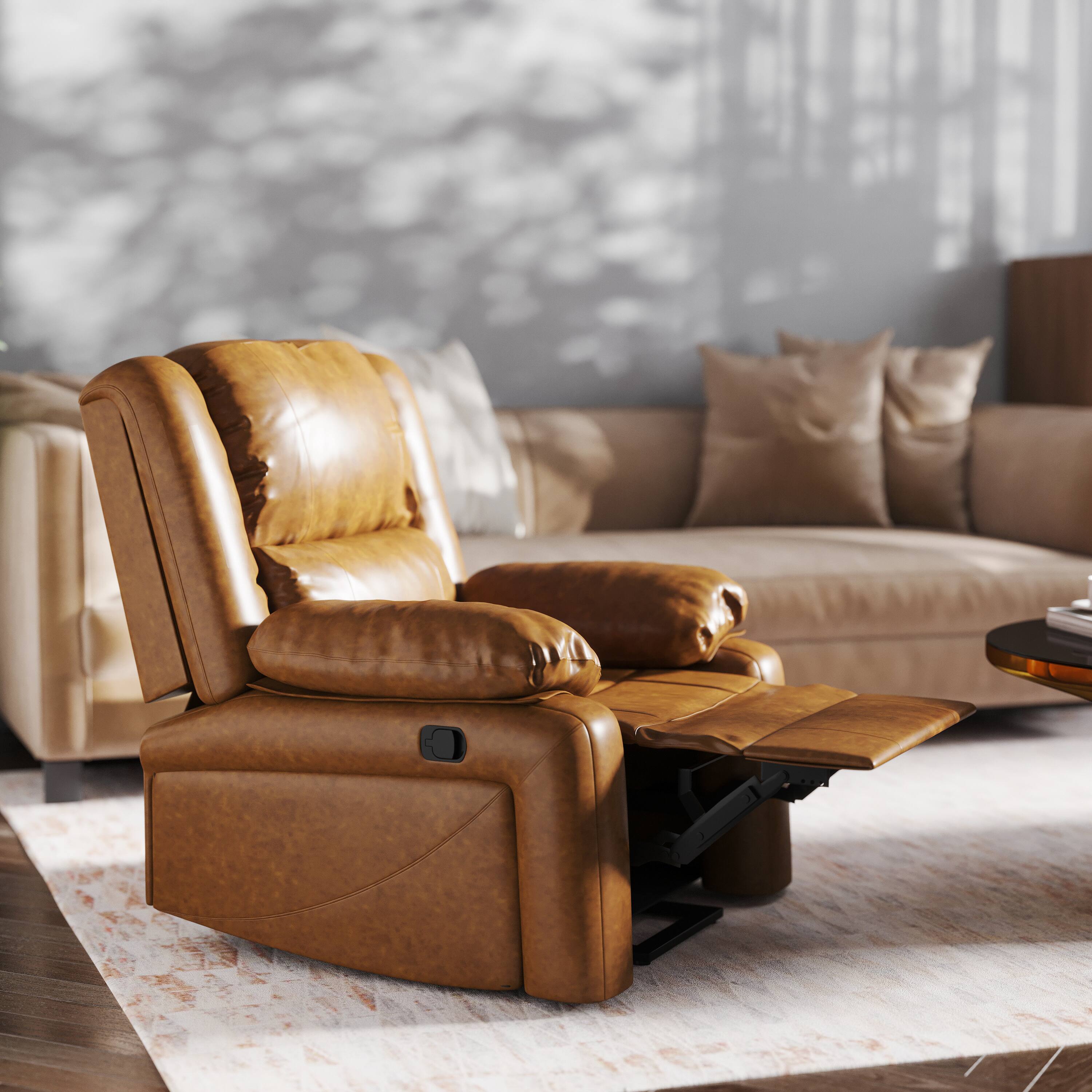 Alt View 3. Emma + Oliver - Recliner with Bustle Back and Padded Arms - Cognac Faux Leather.