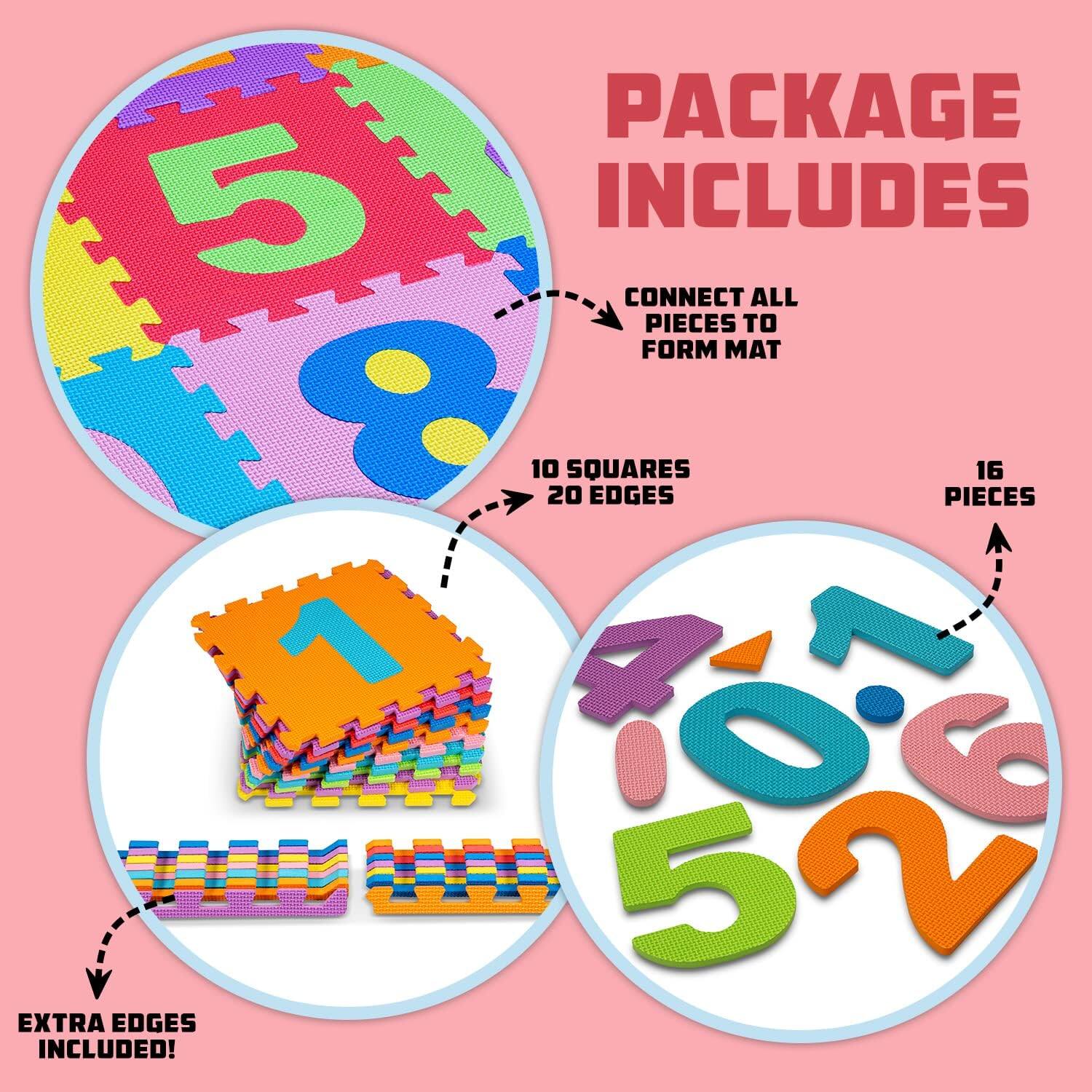 PACKAGE INCLUDES 5.8 CONNECT ALL PIECES TO FORM MAT 10 SQUARES 20 EDGES 16 PIECES 1 9 5 26 V EXTRA EDGES INCLUDED!