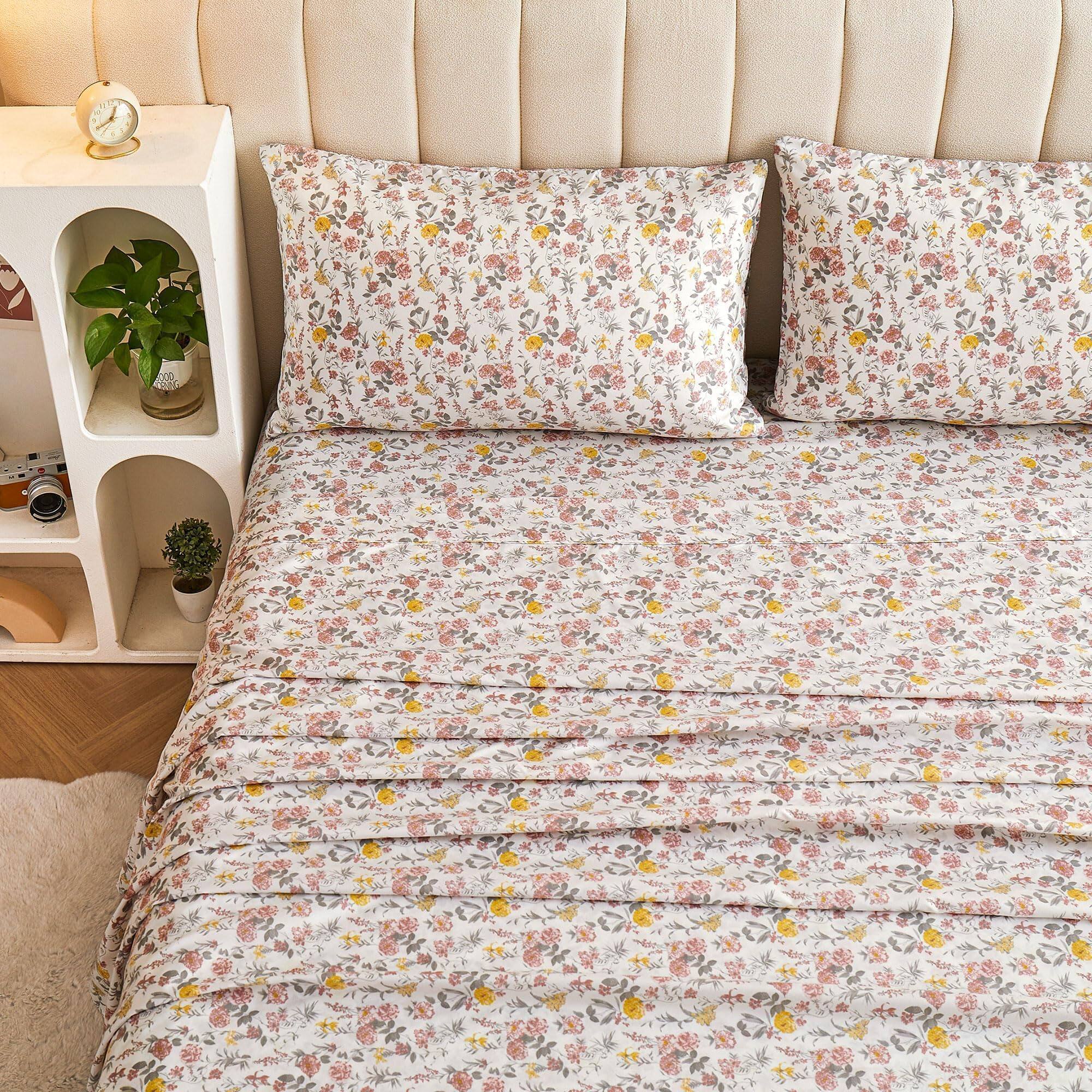 Alt View 2. Skar Audio - Floral King Sheet Set - Vintage & Flower Patterned Bed Sheets Soft Breathable Microfiber With Deep Pocket N... - Pink and Yellow Blossoms King.