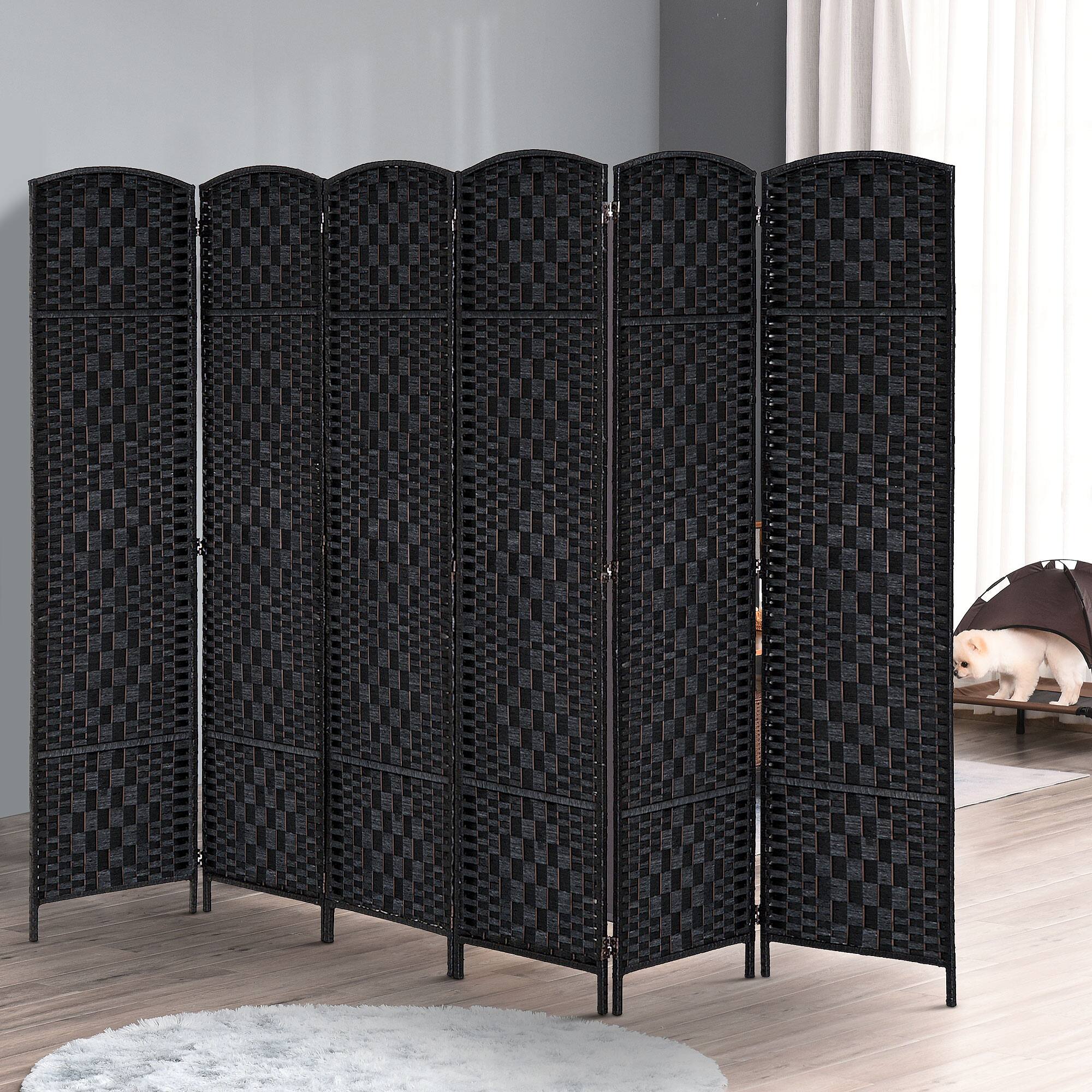 Alt View 1. Homcom - Divider 6 Panel, 6FT Tall Folding Privacy Screen, Freestanding Hand-Woven Partition for Room Separation with 360° Hinges - Black.