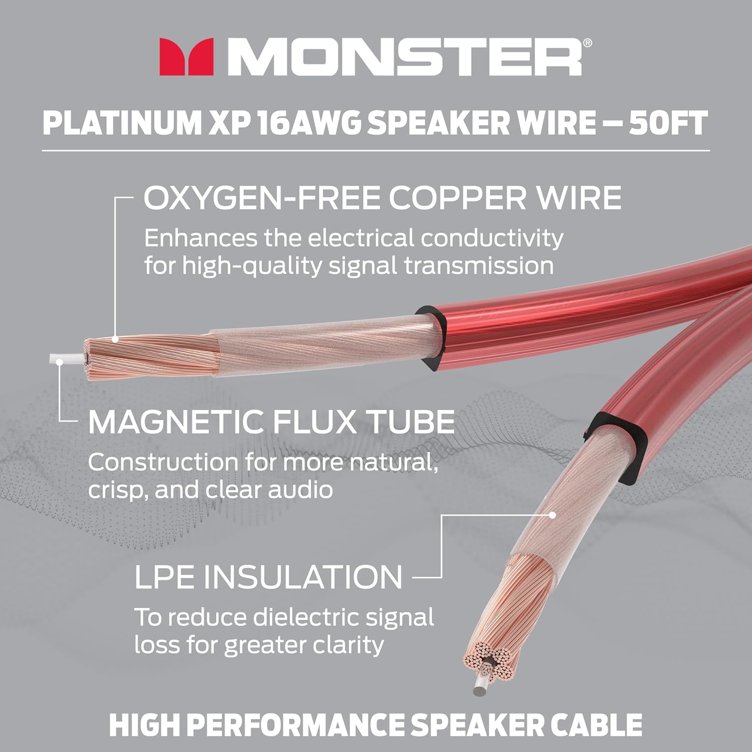 MONSTER PLATINUM XP 16AWG SPEAKER WIRE - 50FT

OXYGEN-FREE COPPER WIRE
Enhances the electrical conductivity for high-quality signal transmission

MAGNETIC FLUX TUBE
Construction for more natural, crisp, and clear audio

LPE INSULATION
To reduce dielectric signal loss for greater clarity

HIGH PERFORMANCE SPEAKER CABLE