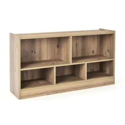 Front. Pefilos - Kids 2-Shelf Bookcase 5-Cube Wood Toy Storage Cabinet Organizer-Natural, Toy Organizer for Kids, Boys, Girls, Nursery - Brown.