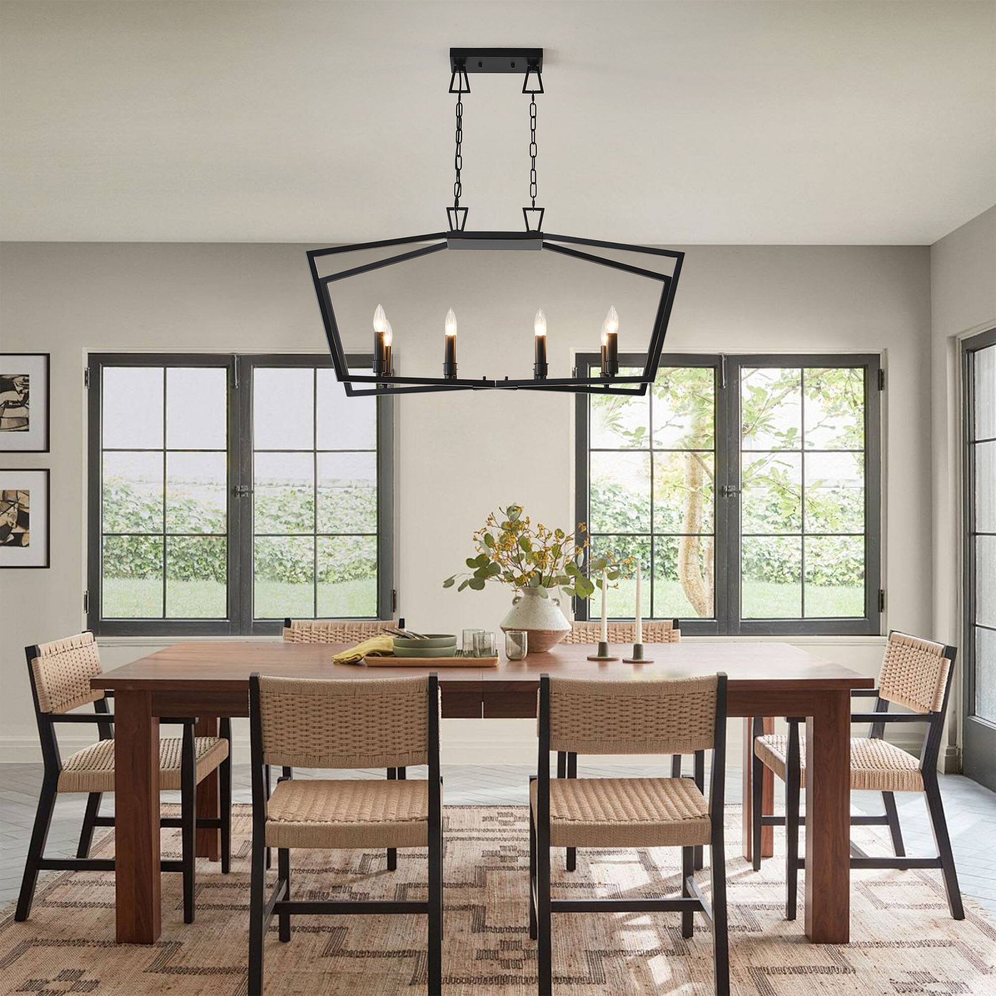 Back. RYHNUYNE - 8-Light Kitchen Island Linear Chandelier, Large Farmhouse Chandelier for Dining Room, Industrial Pendant Light Fixture - Black.