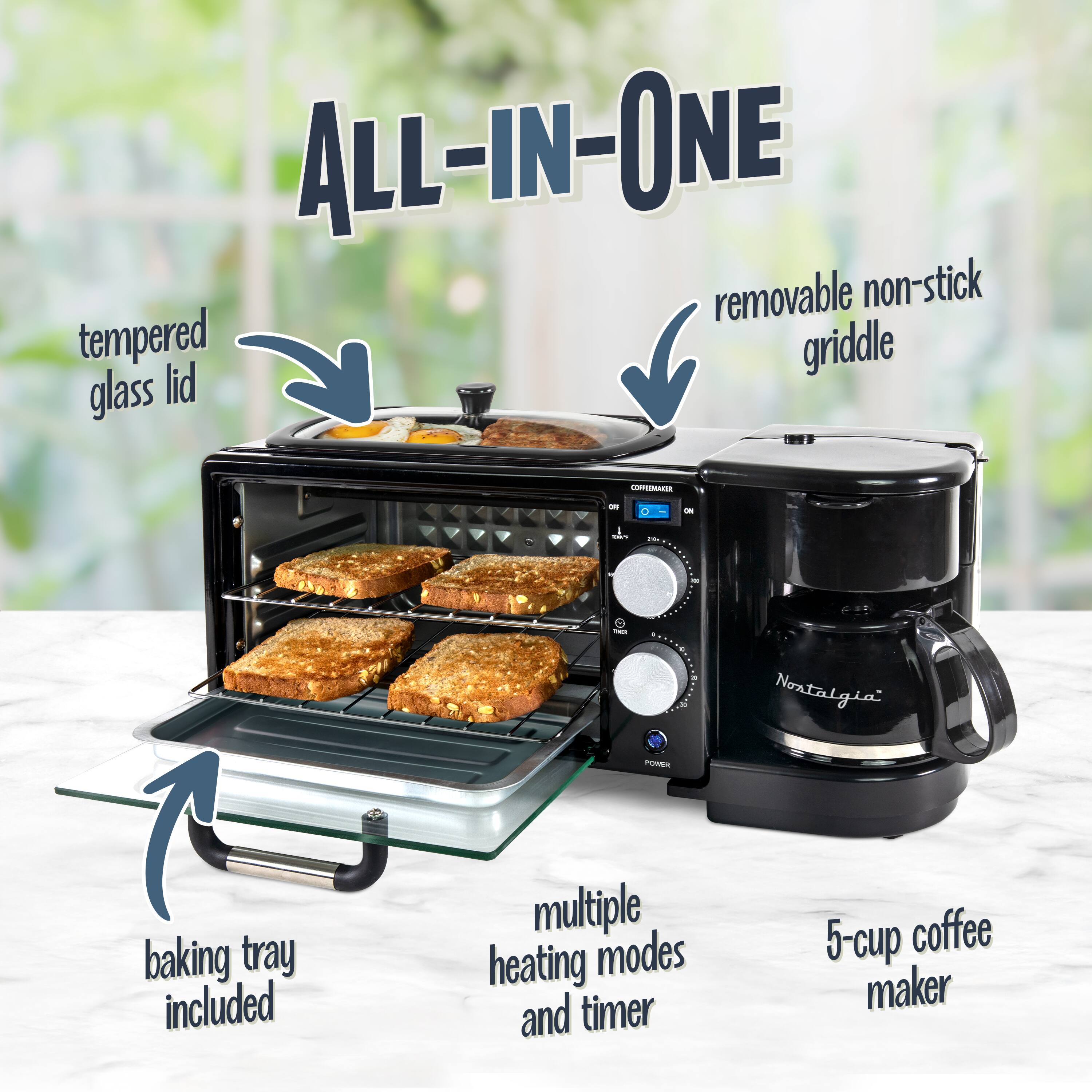 ALL-IN-ONE removable non-stick tempered griddle glass lid - Nostalgia PEA baking tray included multiple heating modes and timer 5-cup coffee maker