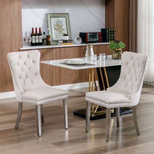 Alt View 4. LUCKY ONE - Assembled Tufted Velvet Dining Chair Set of 2 with Chrome Stainless Steel Legs Nailhead Trim - Beige.