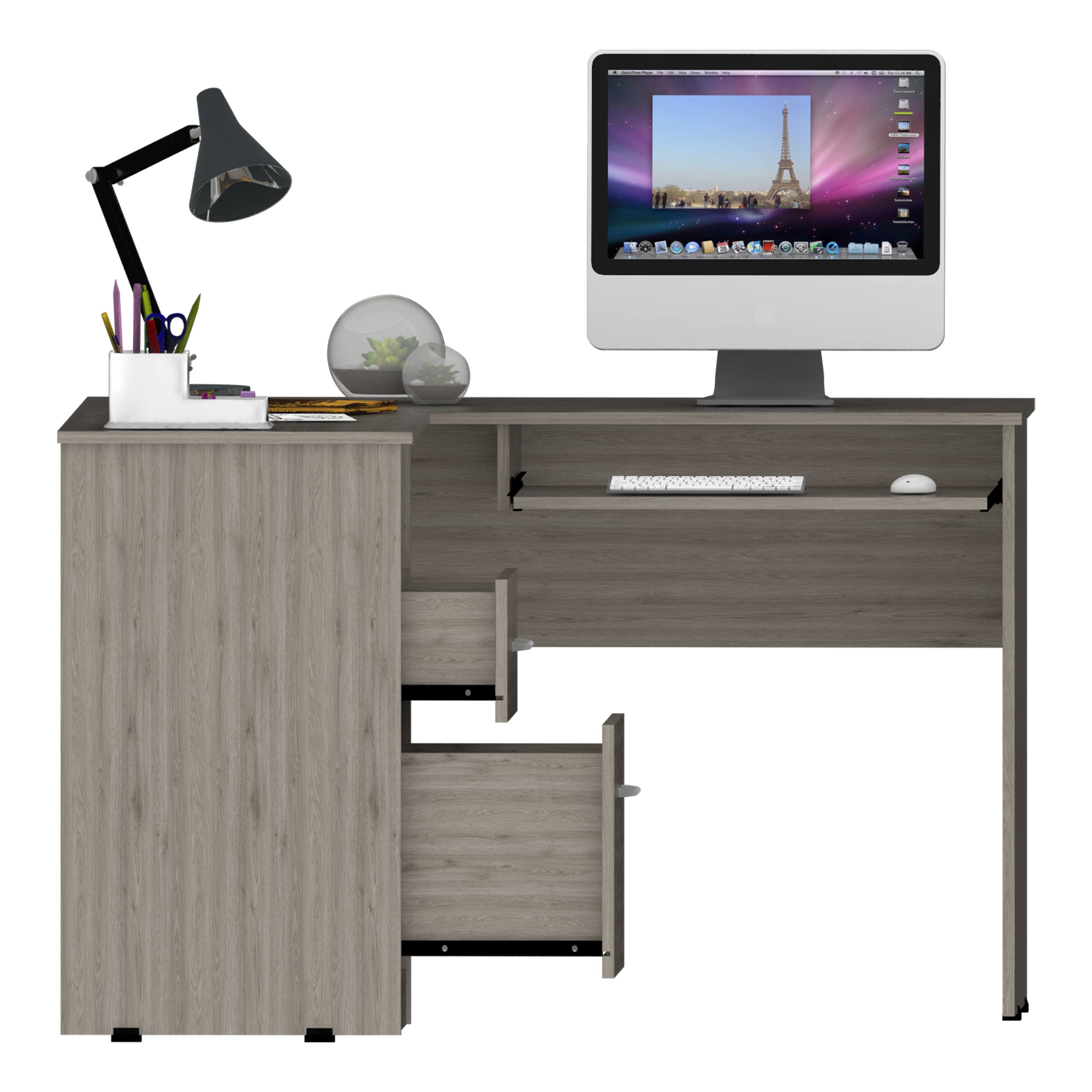 Front. TinyHomie - Raleigh L-Shaped Desk Two Drawers One Shelf CPU Storage - Light Gray.