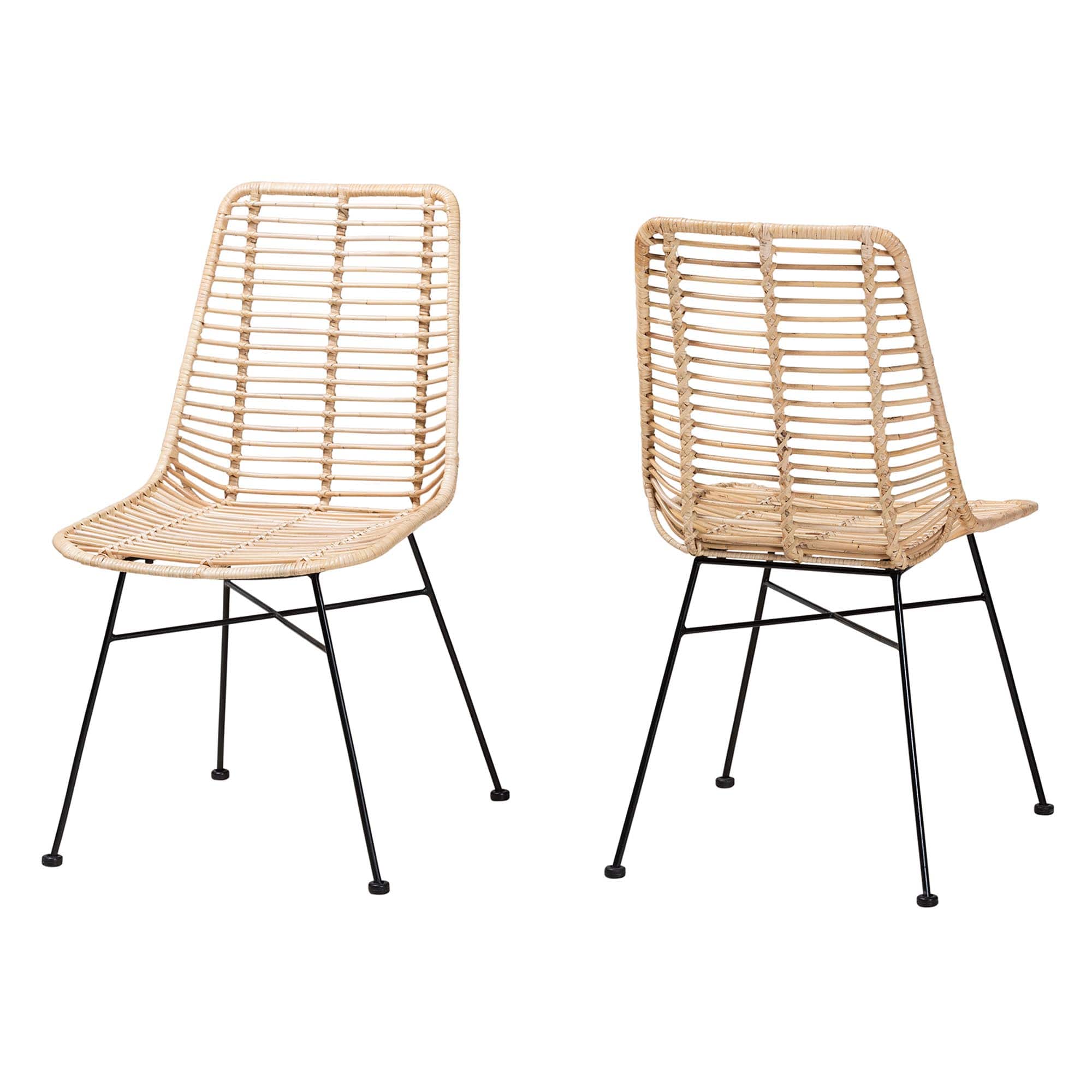 bali & pari - Manhattan Modern Bohemian Rattan and Metal 2-Piece Dining Chair Set - Natural Brown/Black