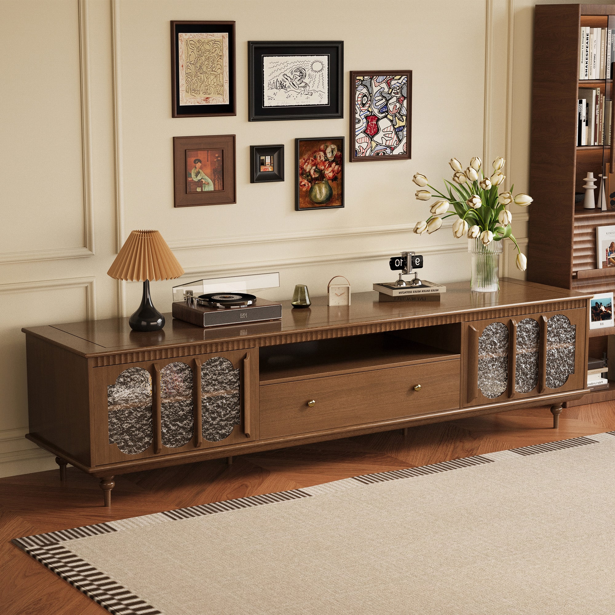 luck idea - 78.74" TV Stand with Large Storage Drawers, Metal Handles & Solid Wood Legs - Walnut Color