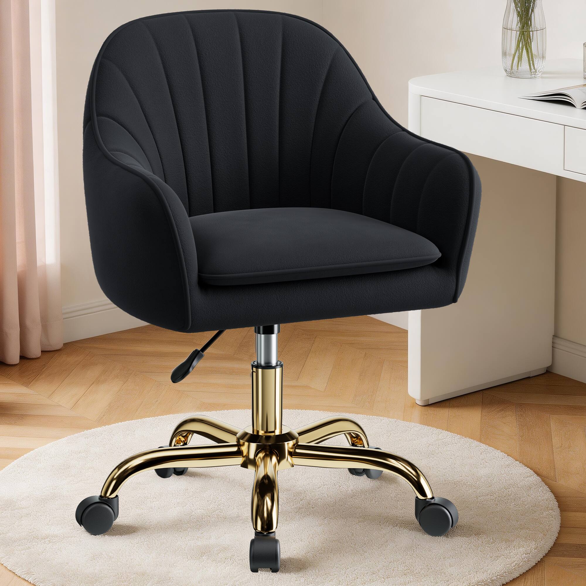 Alt View 4. KERDOM - Upholstered Velvet Vanity Chair with Back & Wheels, Swivel Rolling Home Office Chair, Padded Dresser Chair Makeup Room - Black.