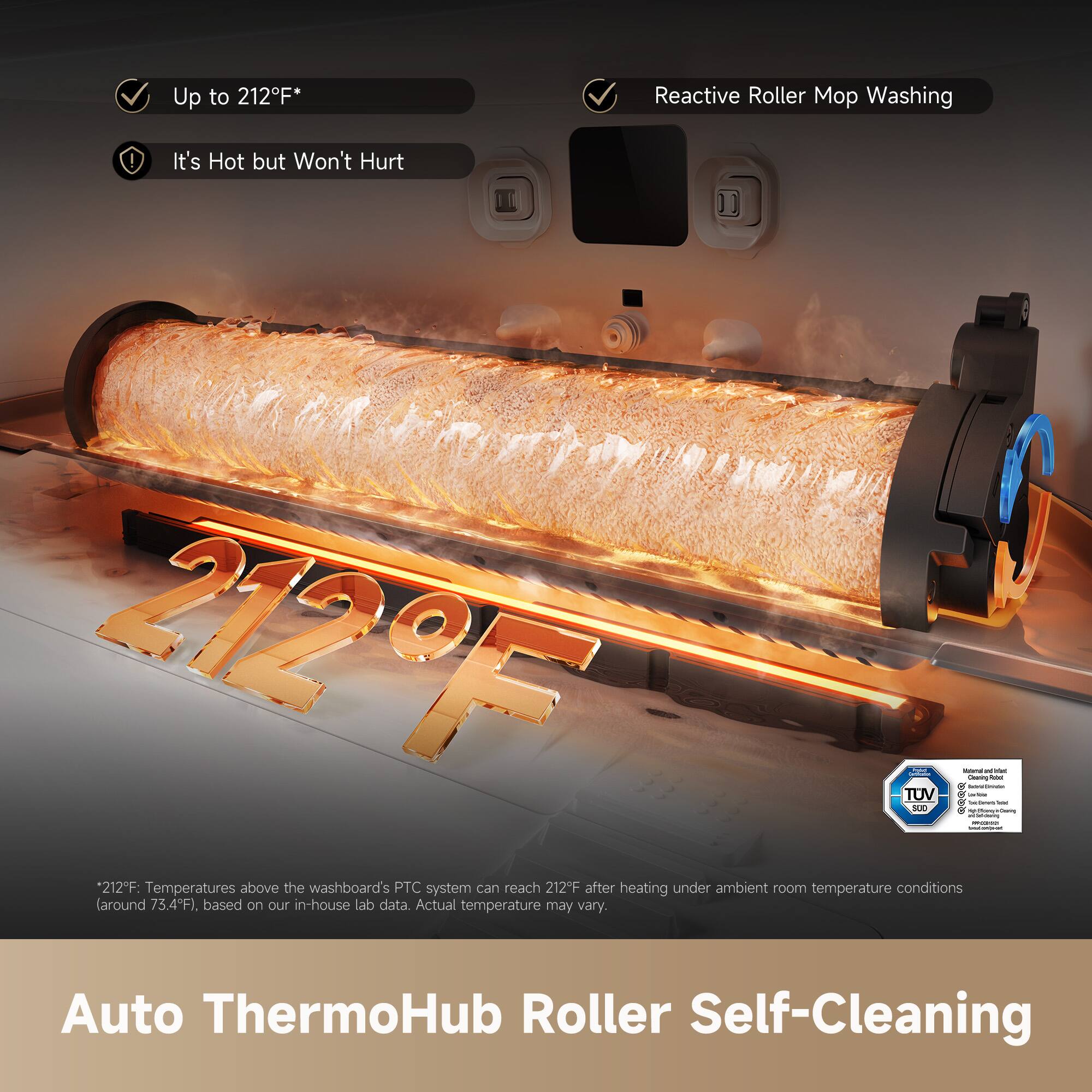 Up to 212°F*  
Reactive Roller Mop Washing  
It's Hot but Won't Hurt  

212°F: Temperatures above the washboard's PTC system can reach 212°F after heating under ambient room temperature conditions (around 73.4°F), based on our in-house lab data. Actual temperature may vary.  

Auto ThermoHub Roller Self-Cleaning