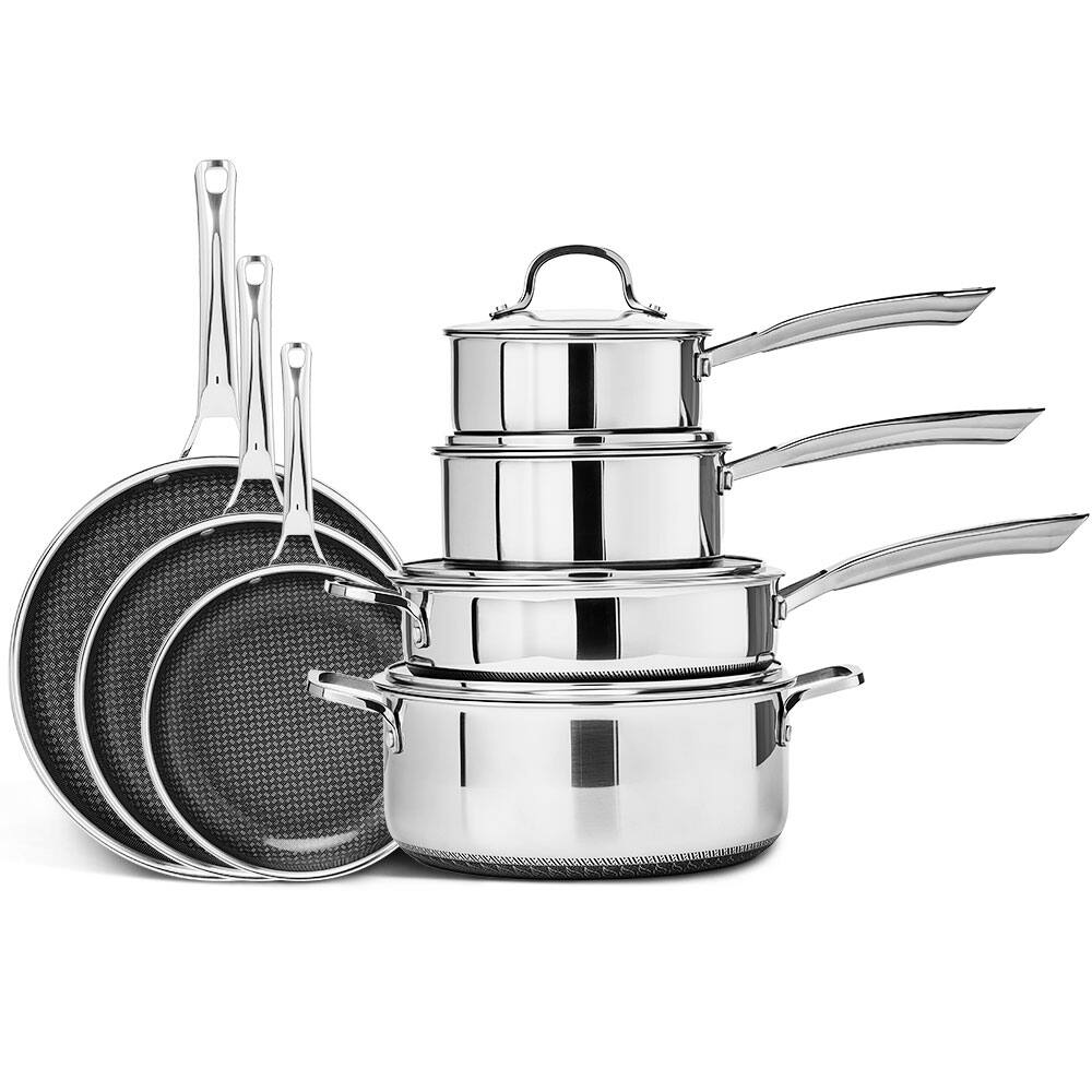 Alt View 5. Winado - 11-Piece Stainless Steel Non-Stick Cookware Set with Frying Pan, Saute Pan, Saucepan, Stockpot, Glass Lids for Kitchen - Silver.