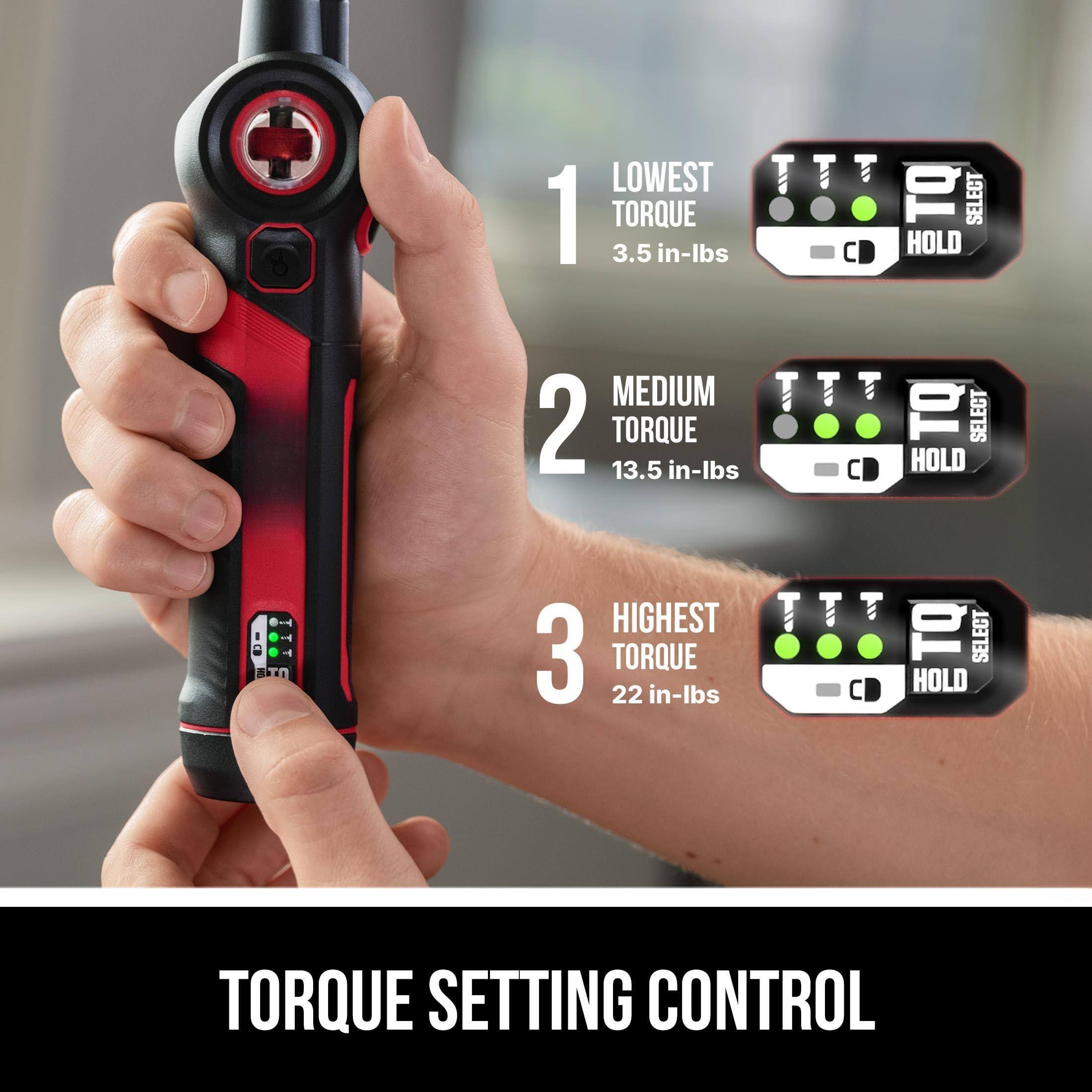 1. LOWEST TORQUE  
   3.5 in-lbs  
   T TQ SELECT HOLD  

2. MEDIUM TORQUE  
   13.5 in-lbs  
   T TQ SELECT HOLD  

3. HIGHEST TORQUE  
   22 in-lbs  
   T TQ SELECT HOLD  

TORQUE SETTING CONTROL