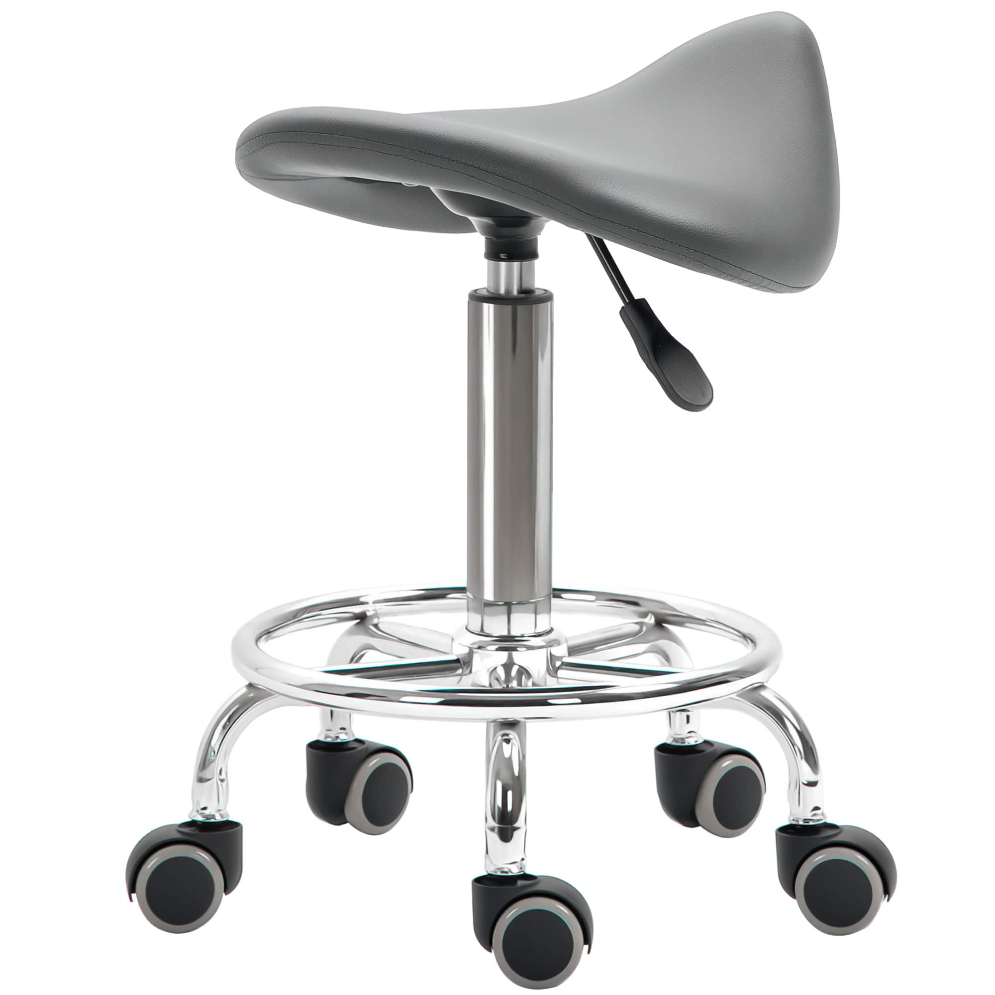 Homcom - Leather Adjustable Stool, Rolling Saddle Stool with Wheels for Massage, Spa, Clinic - Gray